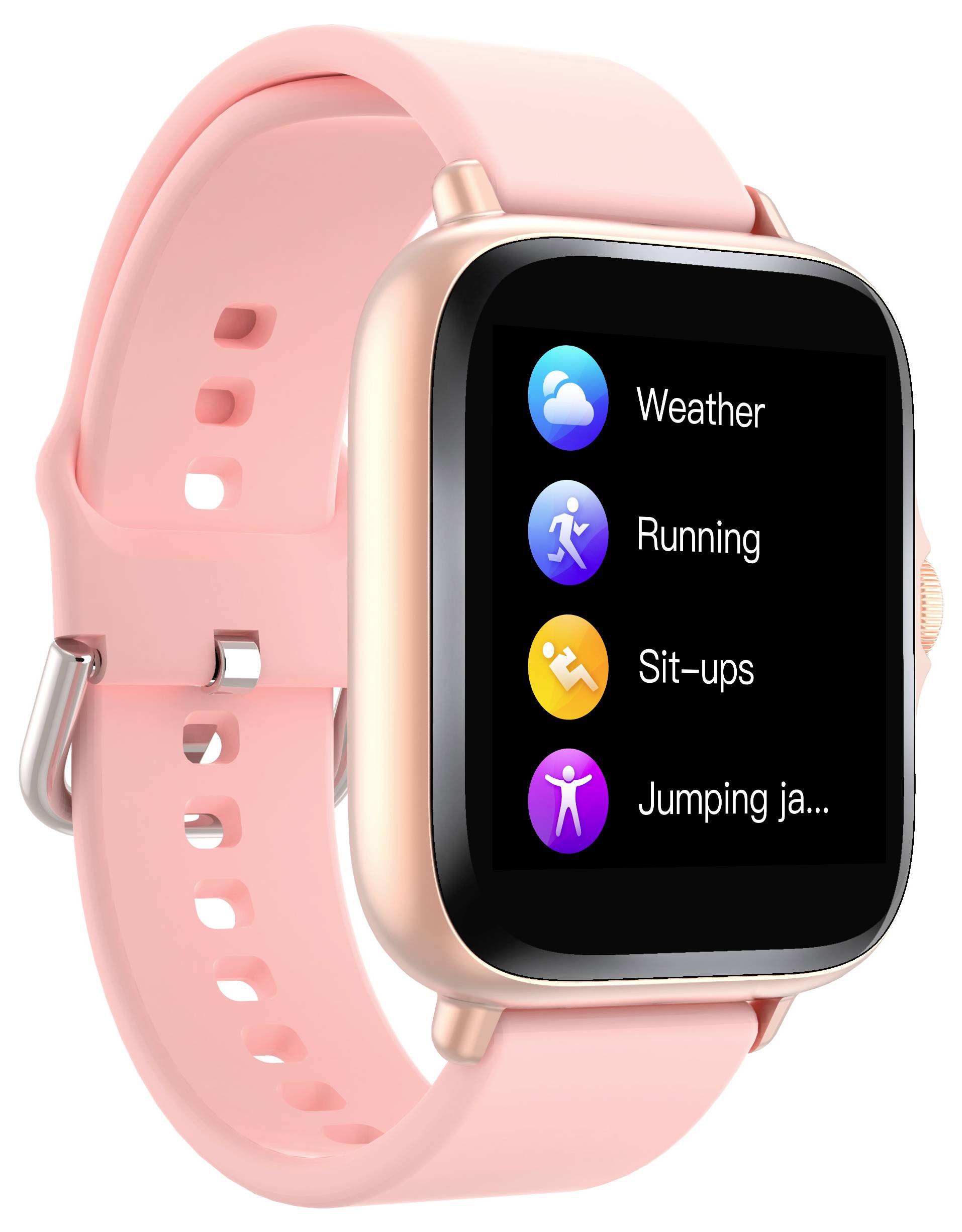 Eine Smartwatch mit einem rosa Band zeigt einen Bildschirm mit vier Symbolen an, die wie folgt beschriftet sind: „Wetter