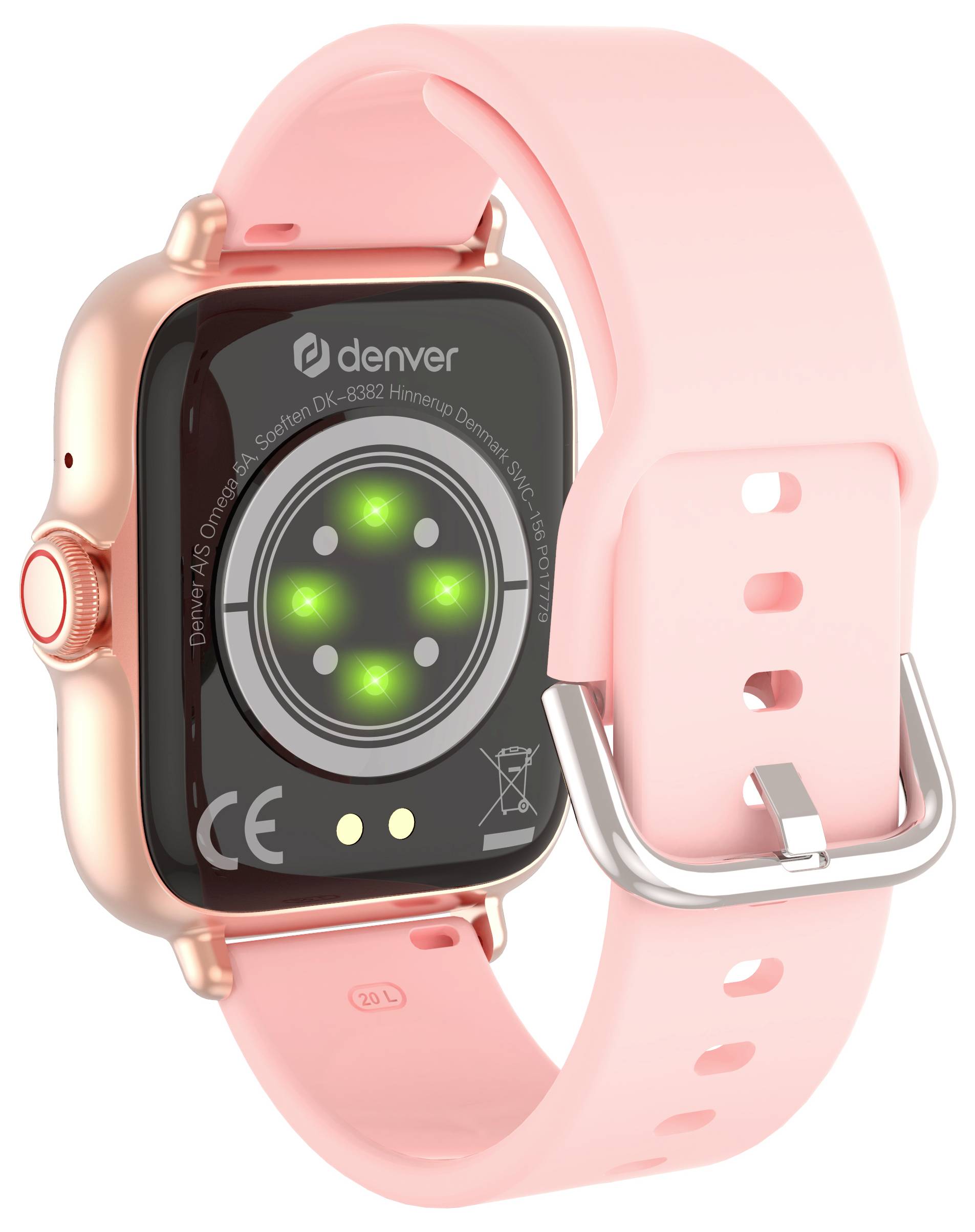 Eine Smartwatch mit rosa Armband, die ihre rückseitigen Sensoren zeigt.