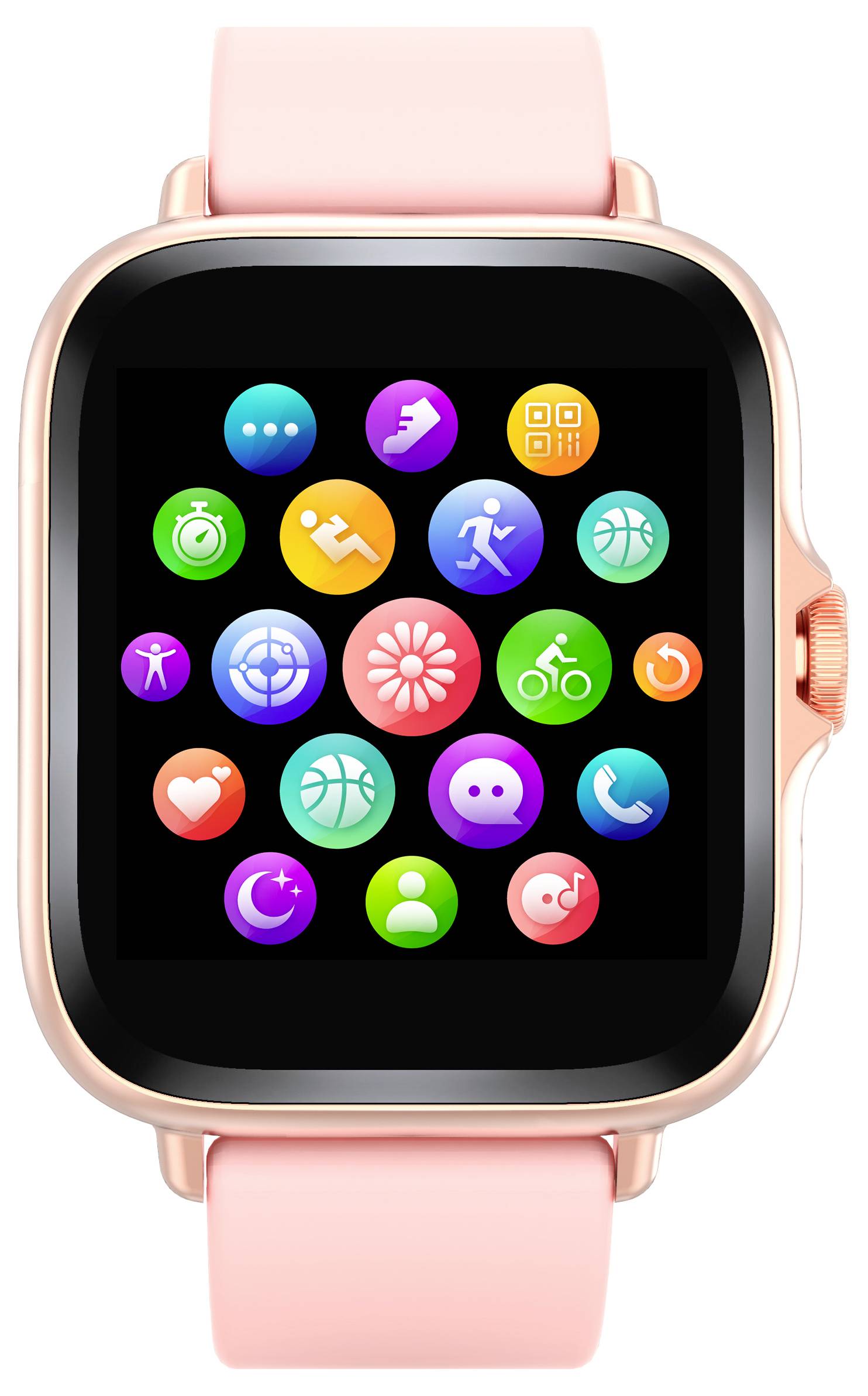 Smartwatch mit einem rosa Armband, das bunte App-Symbole auf dem Bildschirm anzeigt, darunter Fitness-, Messaging- und Herzfrequenz-Apps.