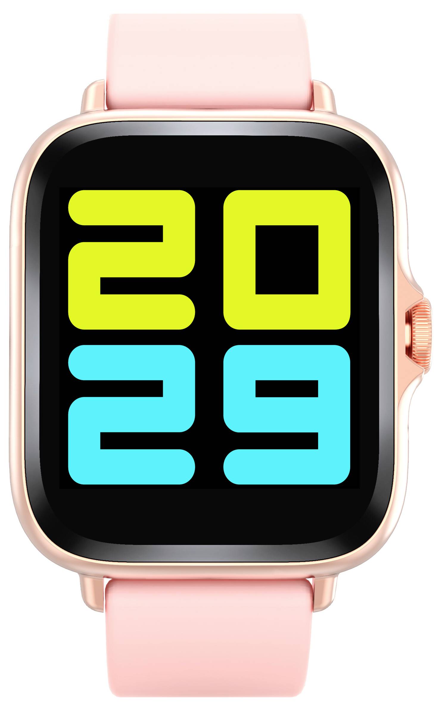 Eine Smartwatch mit einem rosa Armband zeigt die Zahlen „2029