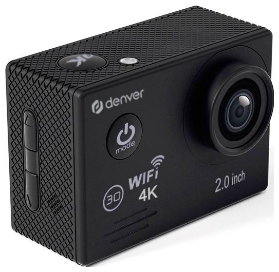 Eine schwarze Action-Kamera mit WiFi- und 4K-Funktionen, ausgestattet mit einem 2,0-Zoll-Display. Tasten für Modus und Ein-/Ausschalter sind oben sichtbar.