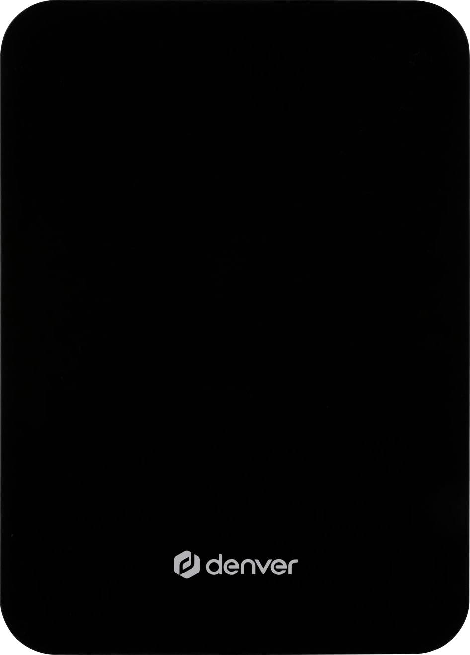 A sleek, black electronic device with 'denver' branding, possibly a hard drive or power bank, against a plain background.