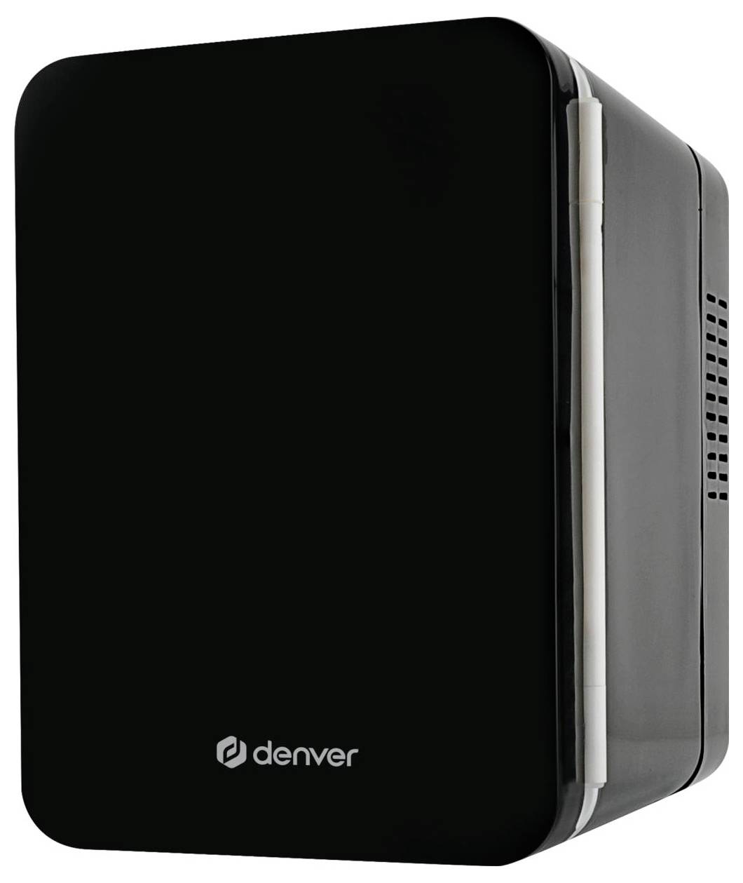 Schwarzer Minikühlschrank mit weißem Griff an der Seite und kleinem Logo unten.