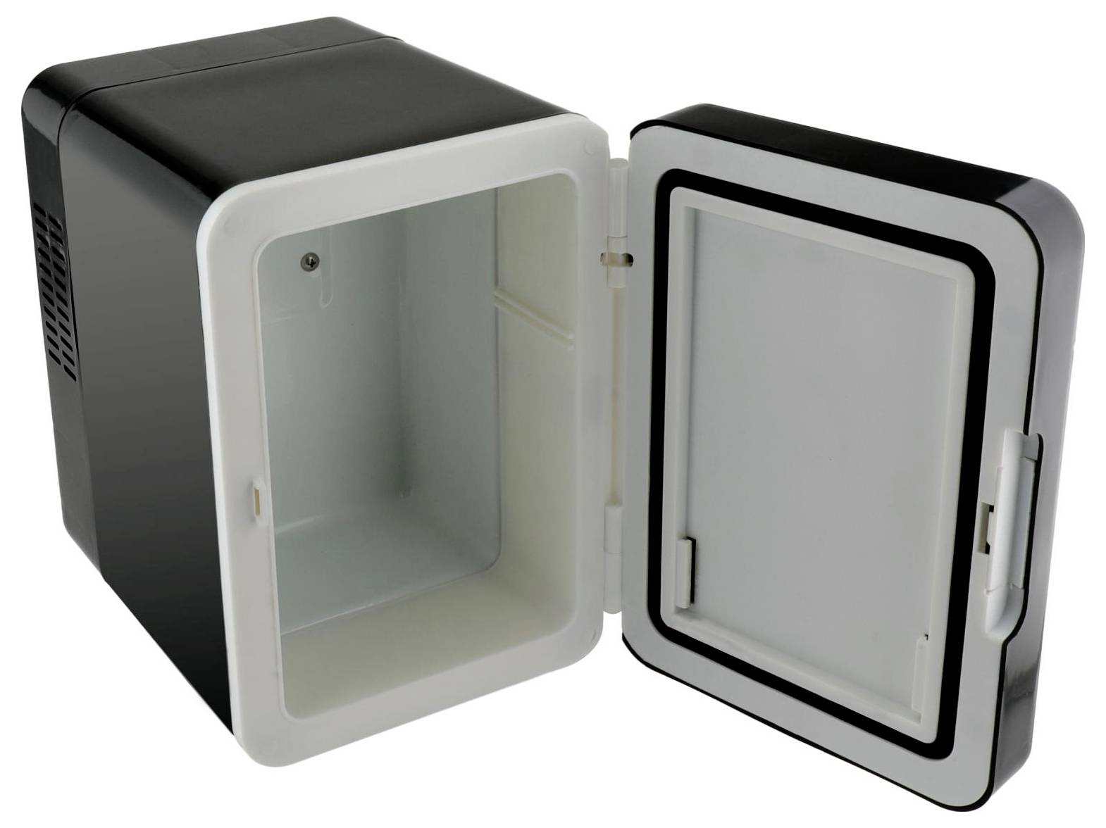 Small black and white personal fridge with an open door, showing a compact interior space for storing a few items.