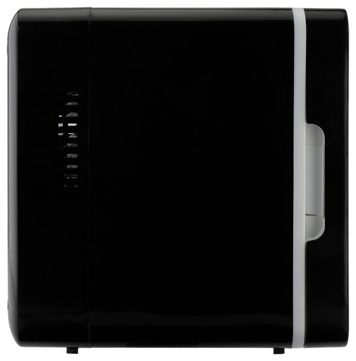 Ein kompakter Kühlschrank im Mini-Format in Schwarz und Weiß mit schlankem Design, von der Seite betrachtet, zeigt das Belüftungspaneel.