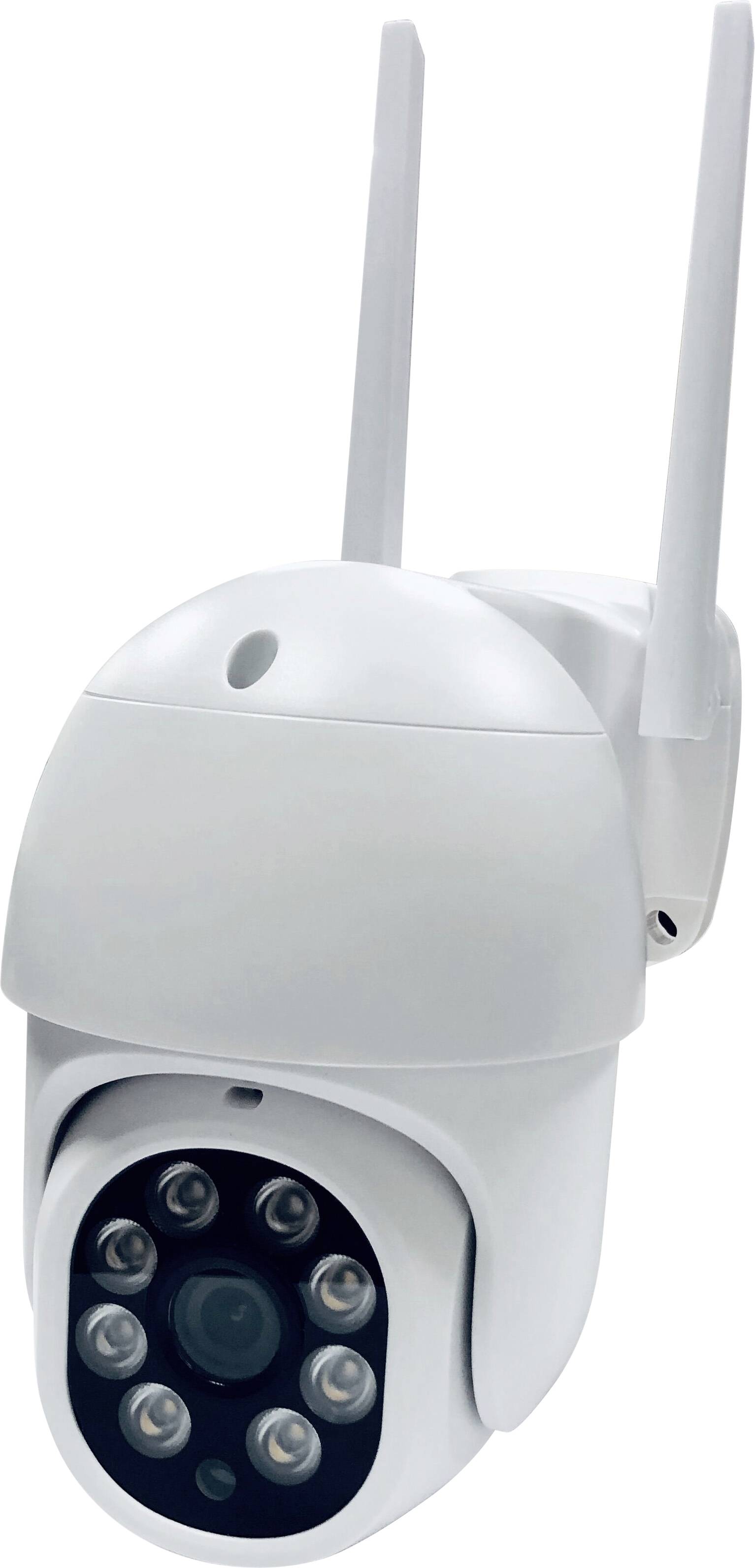 Outdoor-Überwachungskamera mit Dualantennen, Infrarot-LEDs für Nachtsicht, in einem weißen Kuppelgehäuse.