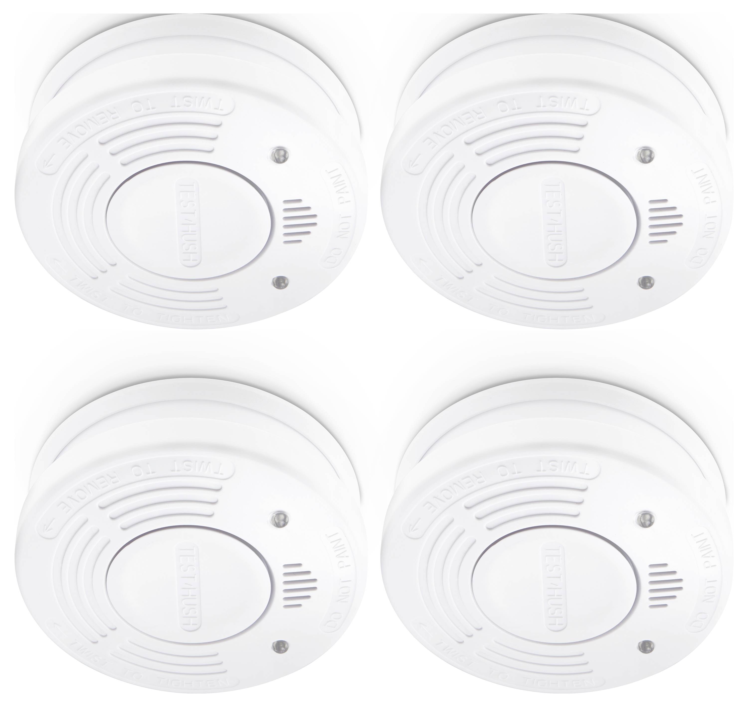 Vier weiße Rauchmelder an einer Decke montiert, jeder mit einem zentralen Testknopf und Kontrollleuchte, zeigt Brandschutzvorrichtungen.