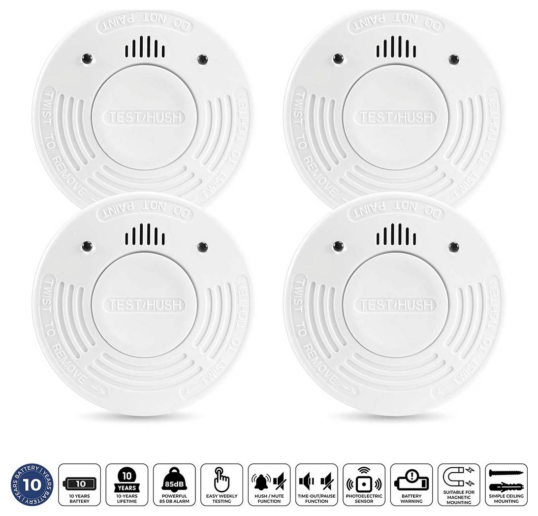 Vier weiße Rauchmelder mit 