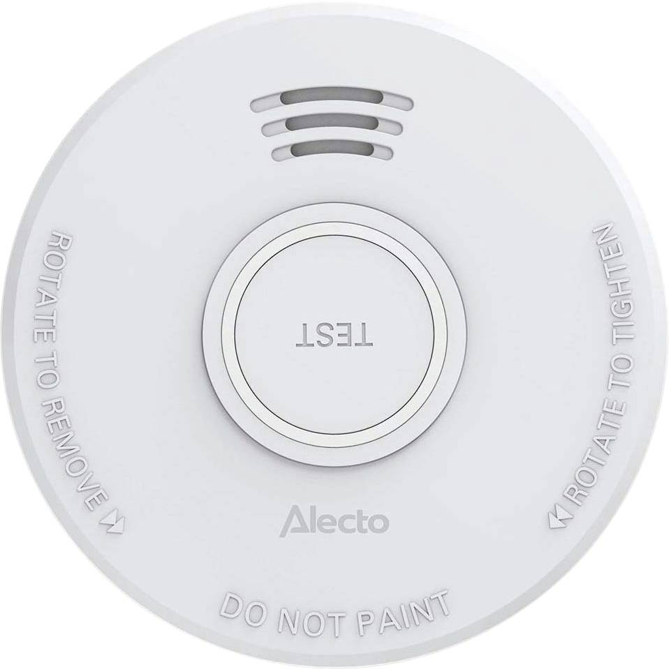 Smoke detector with a 'TEST' button, speaker vents, 'Alecto' brand, and instructions to 'ROTATE TO REMOVE' and 'DO NOT PAINT'.