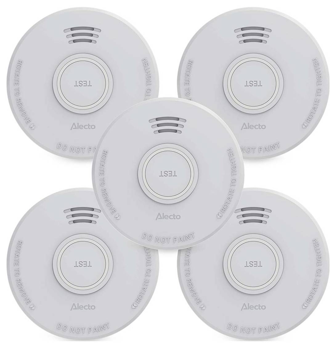 Fünf weiße Rauchmelder in kreisförmiger Anordnung angeordnet, jeder mit einer 'TEST'-Taste in der Mitte gekennzeichnet, mit der Marke 'Alecto'-Text.
