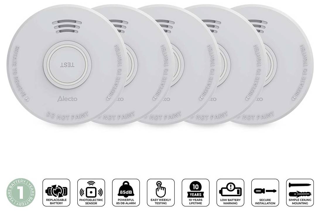 Fünf weiße Rauchmelder mit 'Test'-Taste und Sicherheitssymbolen, die Funktionen wie austauschbare Batterie, Fotoelektrischen Sensor und 85-dB-Alarm hervorheben.