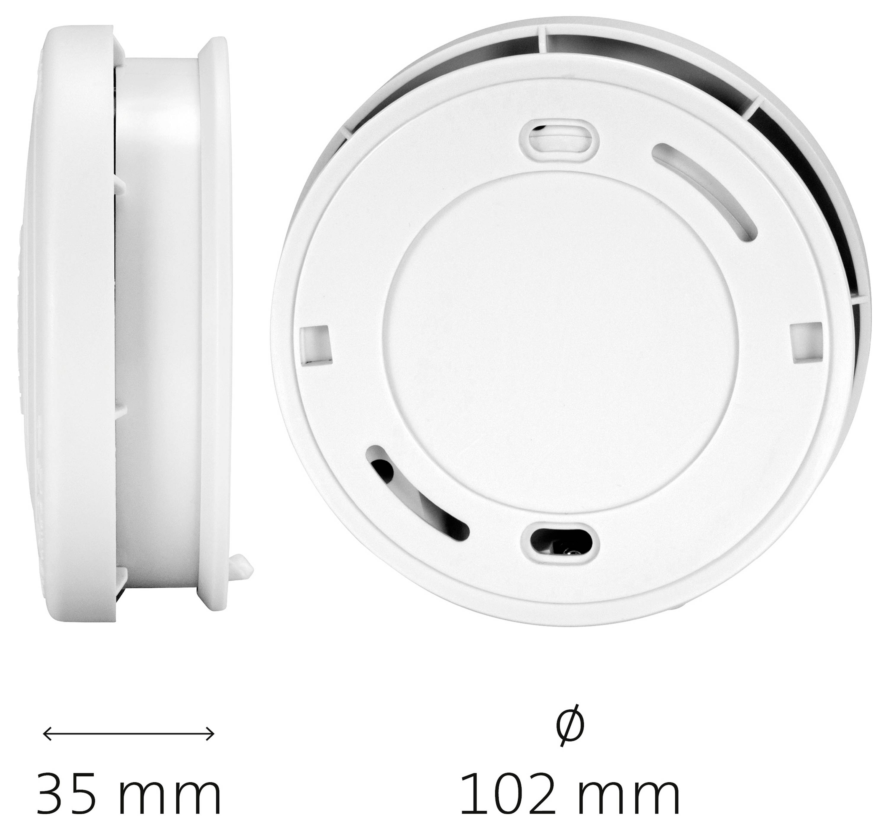 Seiten- und Draufsicht eines weißen kreisförmigen Geräts, das einem Rauchmelder ähnelt, mit den Abmessungen: 35 mm Höhe und 102 mm Durchmesser.