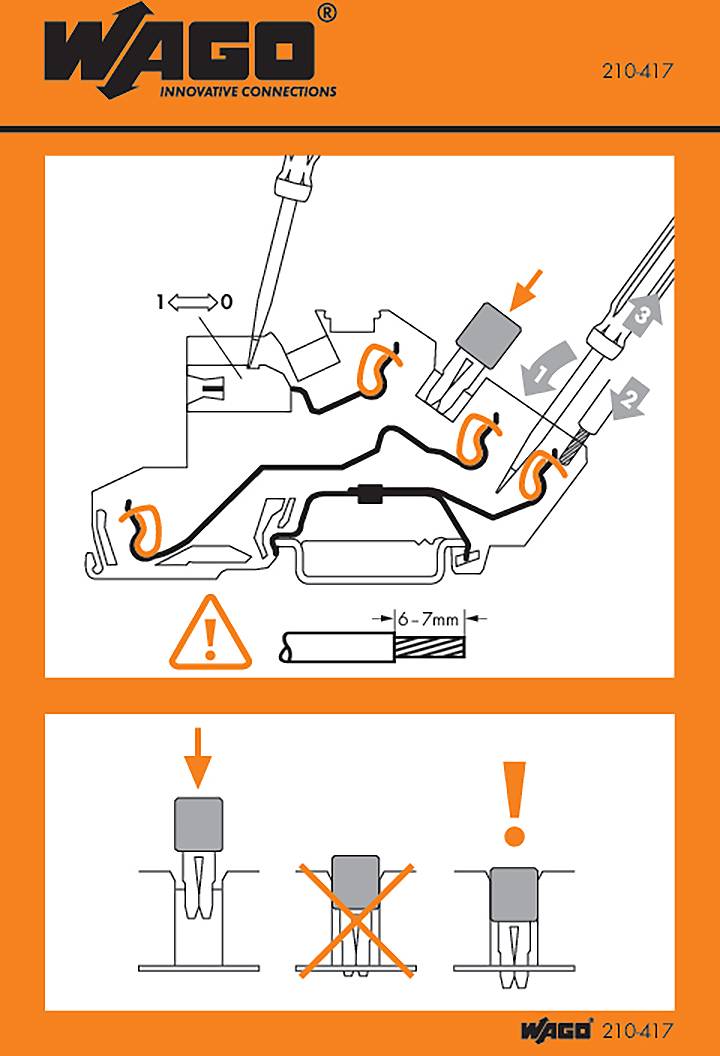 'WAGO Innovative Connections' Titel; Diagramm zeigt korrekte Verdrahtungstechnik und Vorsichtsmaßnahmen: 6-7mm Abstand einhalten, korrekte Steckerausrichtung sicherstellen.