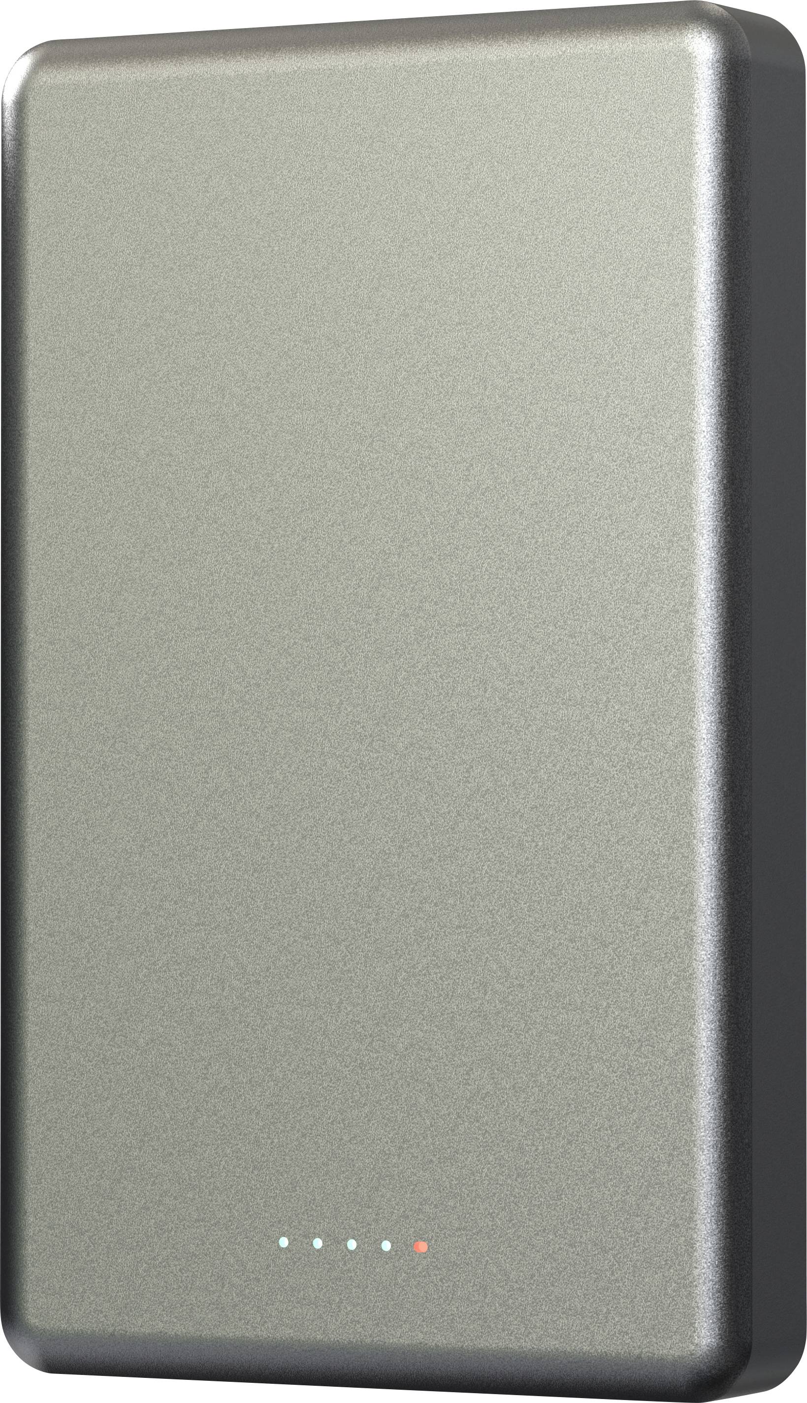 Ein metallisches rechteckiges Gerät mit glatter Oberfläche und fünf kleinen Anzeigelichtern am unteren Ende, die auf den Ladezustand hindeuten.
