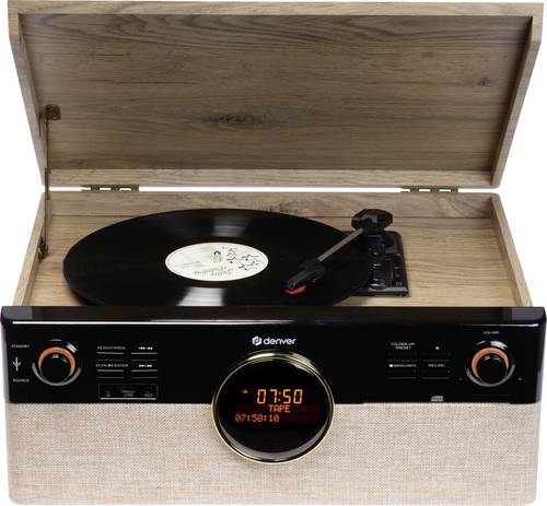 Denver MRD-180 Retro Stereoanlage DAB+, Bluetooth®, CD, Kassette, Plattenspieler, Schwarz, Holz
