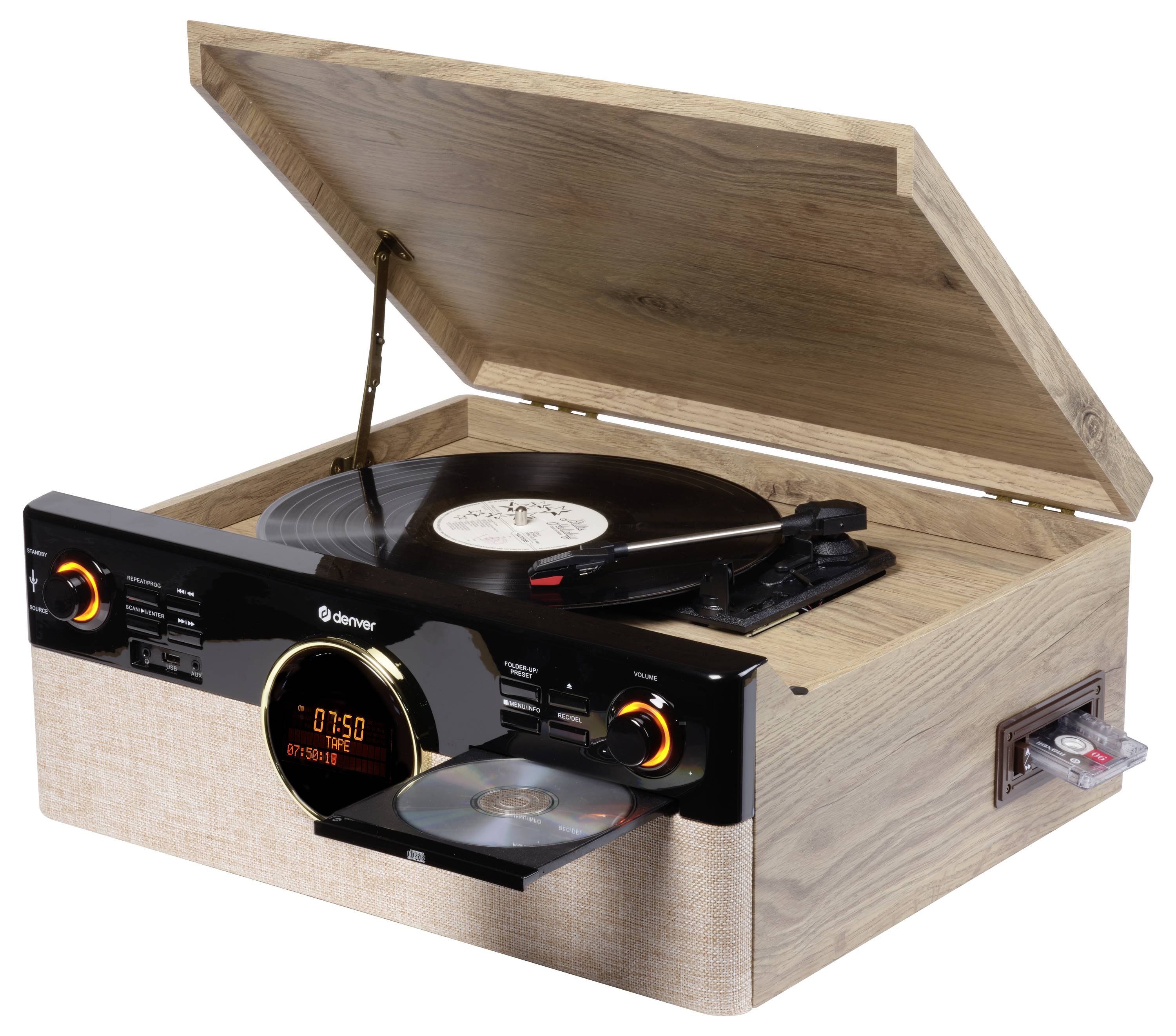 Denver MRD-180 Retro Stereoanlage DAB+, Bluetooth®, CD, Kassette, Plattenspieler, Schwarz, Holz