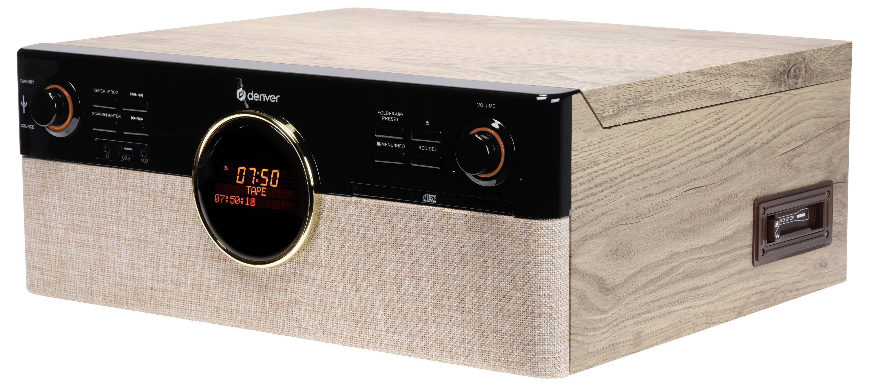 Denver MRD-180 Retro Stereoanlage DAB+, Bluetooth®, CD, Kassette, Plattenspieler, Schwarz, Holz