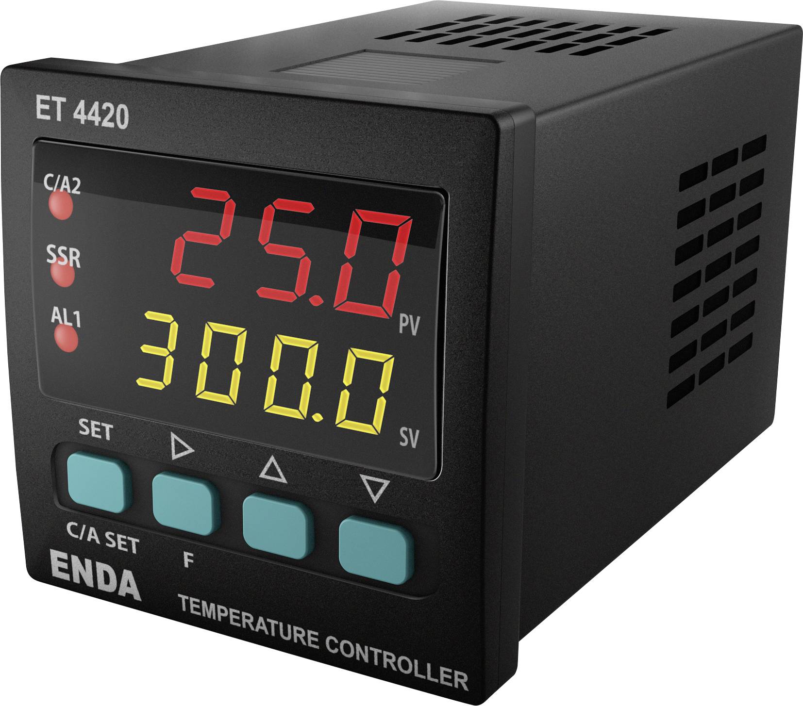 'ET 4420 Temperature Controller' displaying '25.0' on PV and '300.0' on SV. Buttons for settings are below the display.