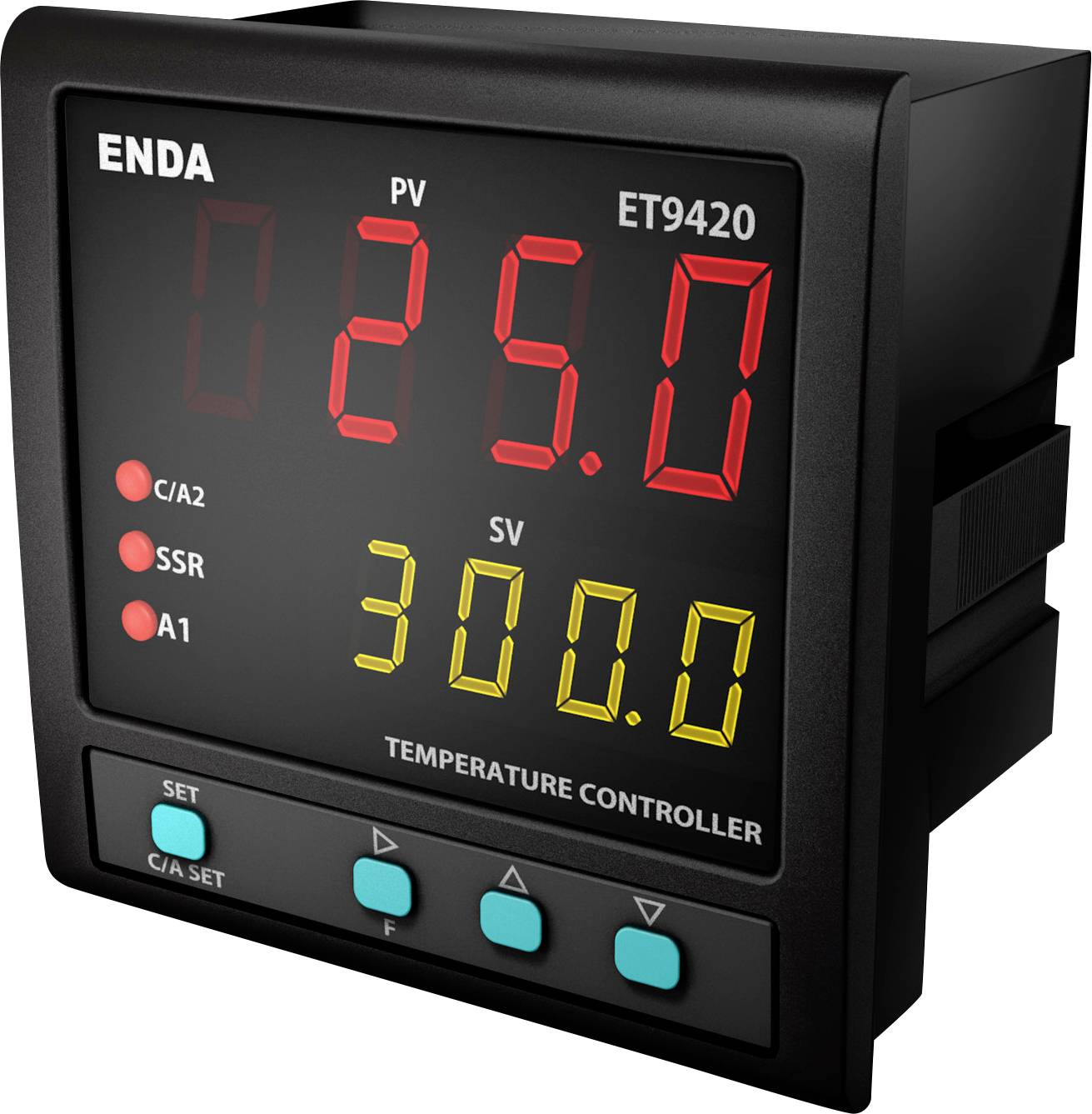 A digital temperature controller displaying 'PV: 25.0' and 'SV: 300.0'. The controller has several buttons and indicator lights.