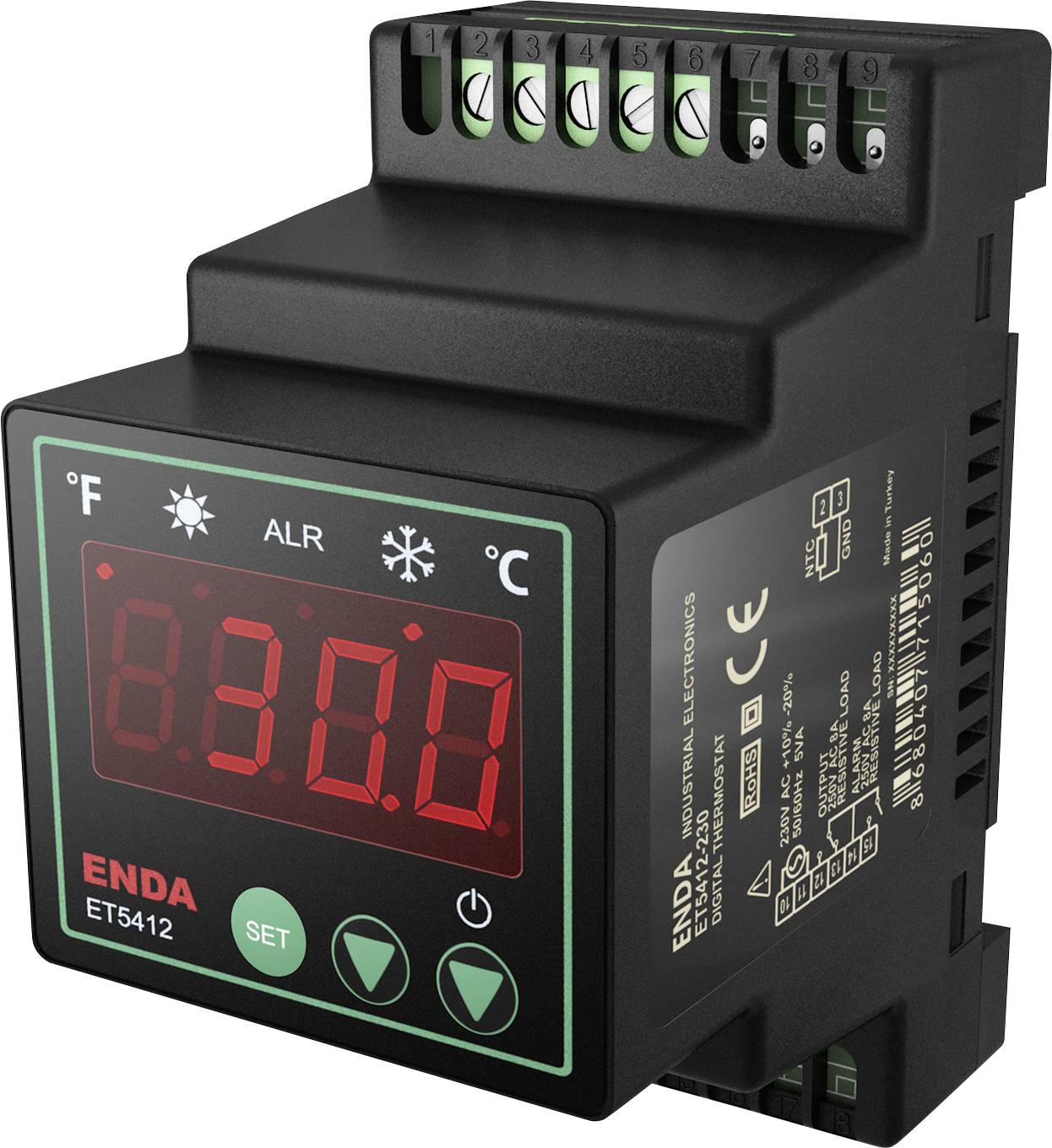 Digital temperature controller with a red LED display reading '300'. Labeled 'ENDA ET5412', featuring °F and °C symbols and control buttons.