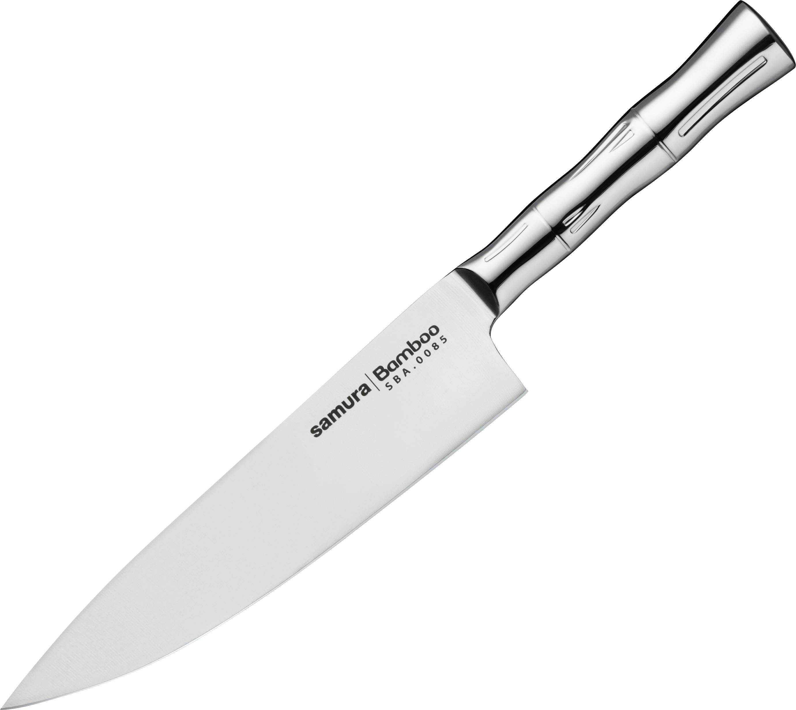 Ein Küchenmesser mit bambusartigem Griff, das auf der Klinge den Text „Samurai Bamboo