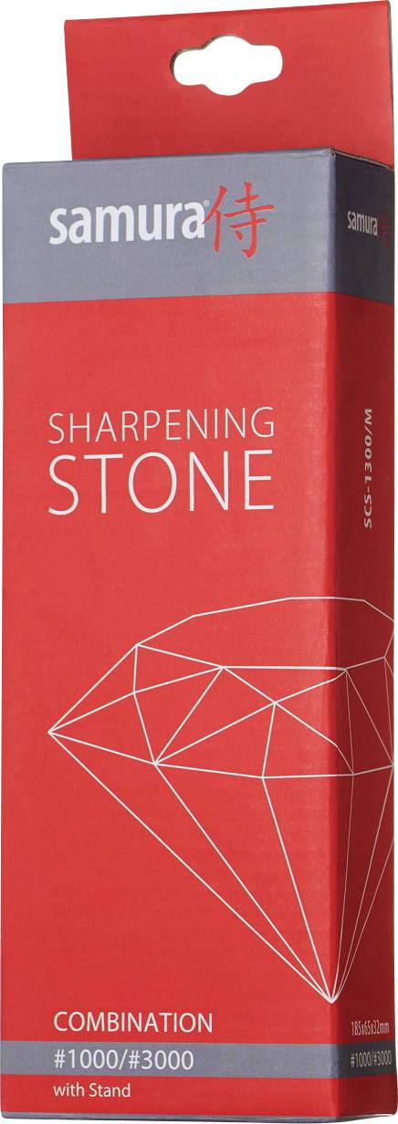 'Samura' sharpening stone package, red with diamond graphic, labeled 'Combination #1000/#3000 with Stand'.