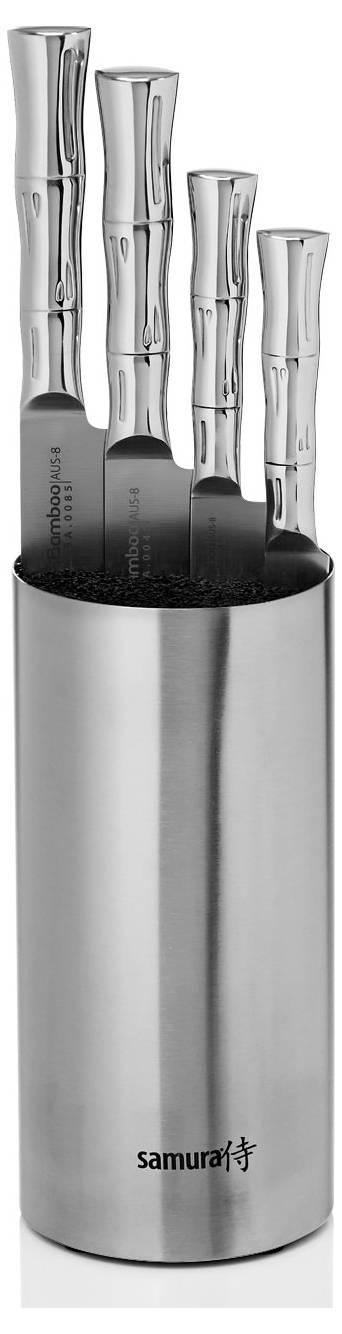 A set of four stainless steel knives with bamboo-textured handles in a sleek metal knife block, displaying the 'samura' brand logo.