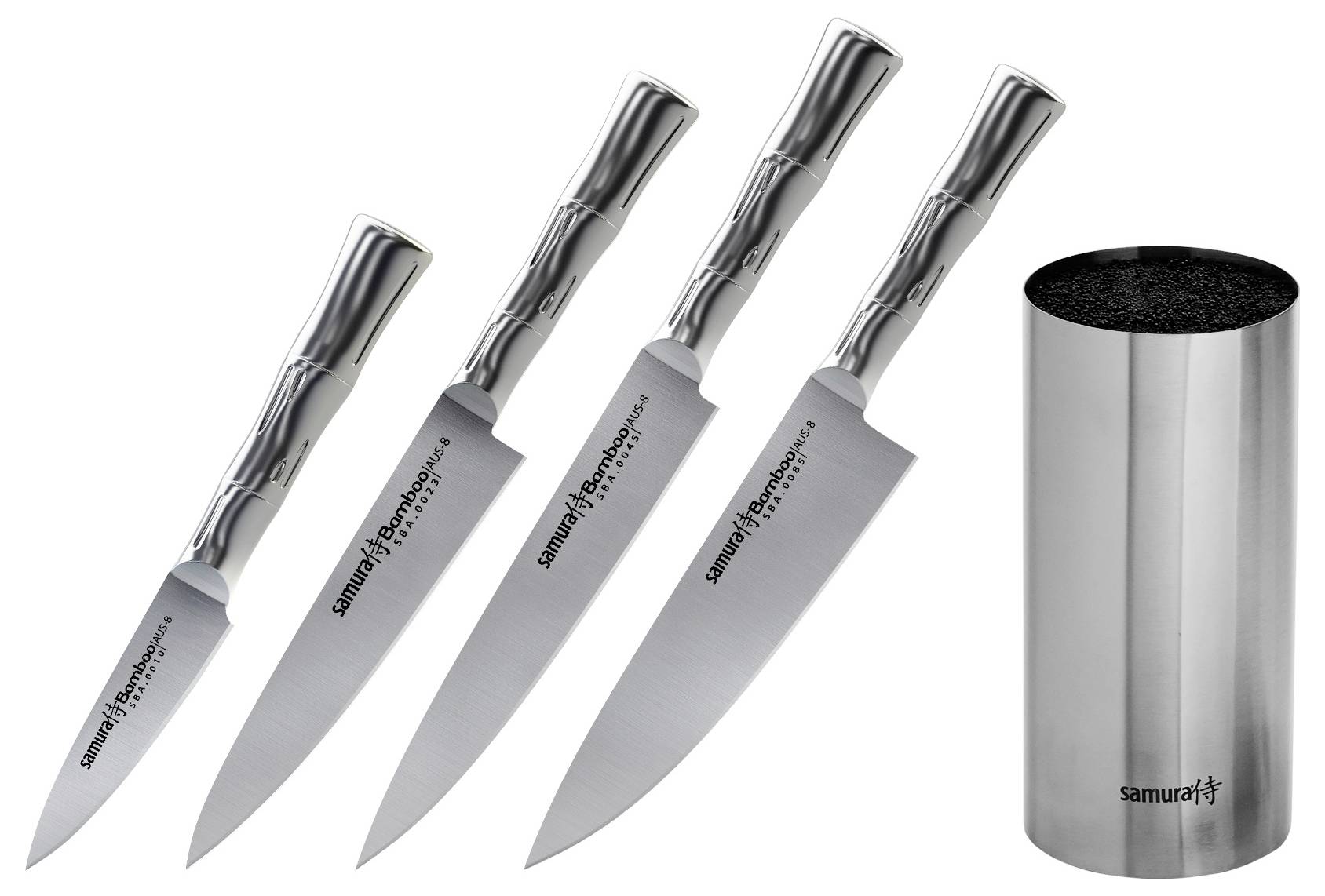 A set of four kitchen knives with metallic handles and a matching cylindrical knife block, branded as 'Samura'.