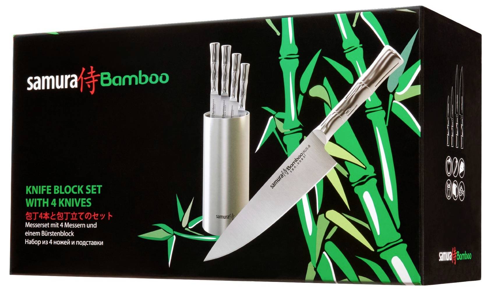 Knife block set with 4 knives displayed against a bamboo-themed background. The box reads 'Samura Bamboo'.