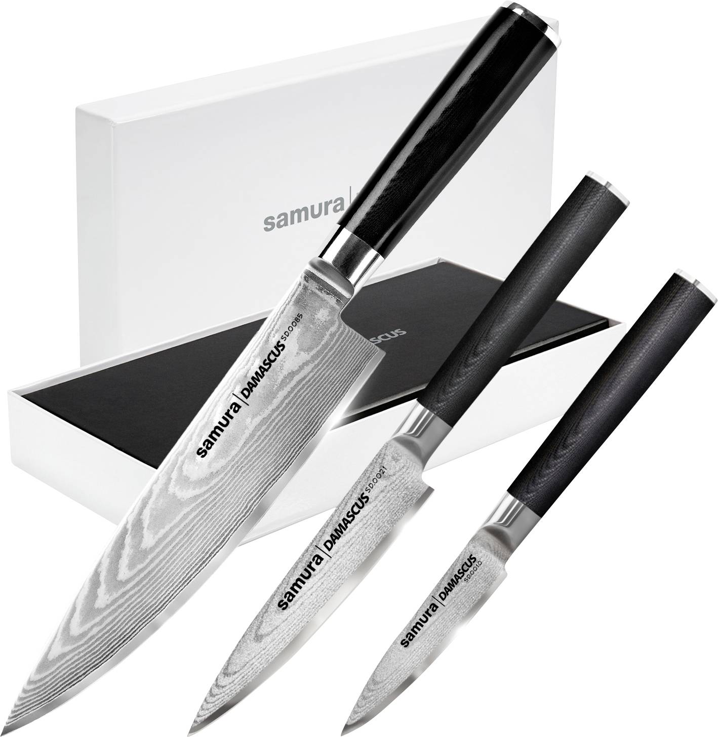 Drei Küchenmesser mit schwarzen Griffen und „Samura Damascus