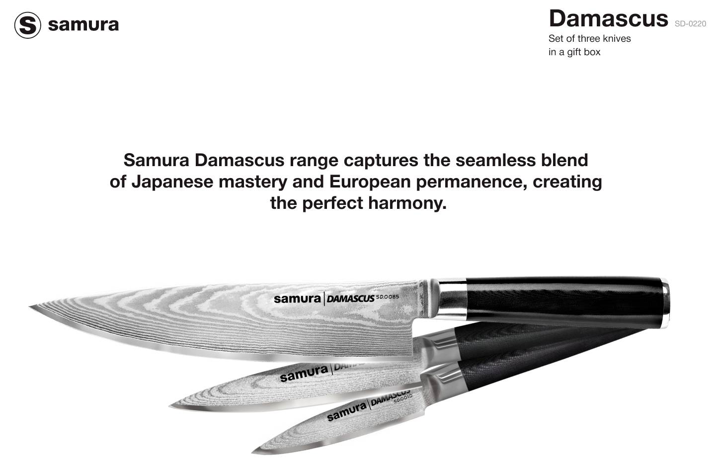 Samura Damascus Set bestehend aus drei Messern in einer Geschenkbox. Die Samura Damascus Kollektion vereint die nahtlose Verschmelzung japanischer Handwerkskunst und europäischer Beständigkeit und schafft somit die perfekte Harmonie.