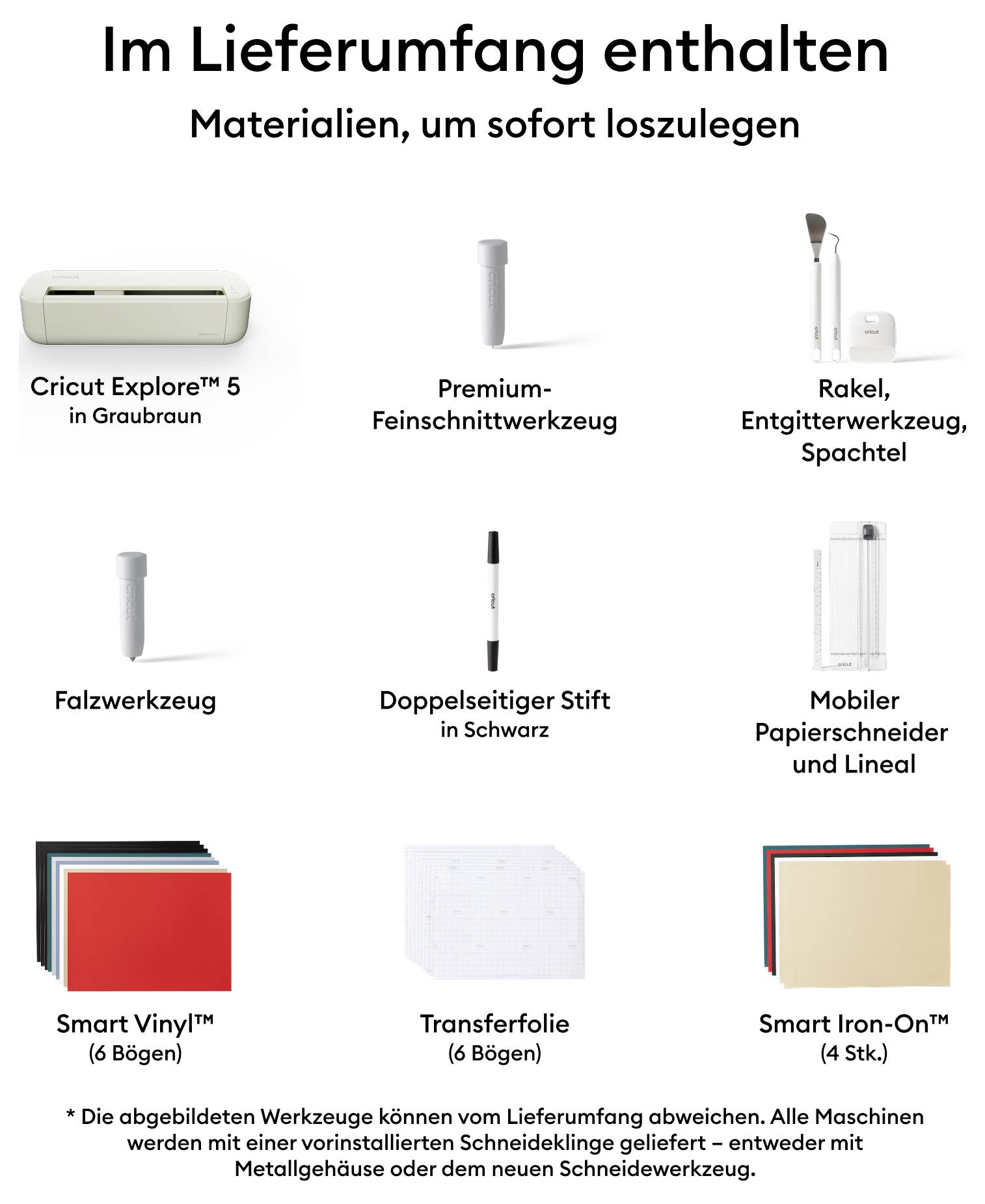 Im Lieferumfang enthalten: Cricut Explore 5, Premium-Filzschnittwerkzeug, Rakel, Entgitterwerkzeug, Falzwerkzeug, Doppelstift, Lineal, Smart Vinyl, Transferfolie, Smart Iron-On.