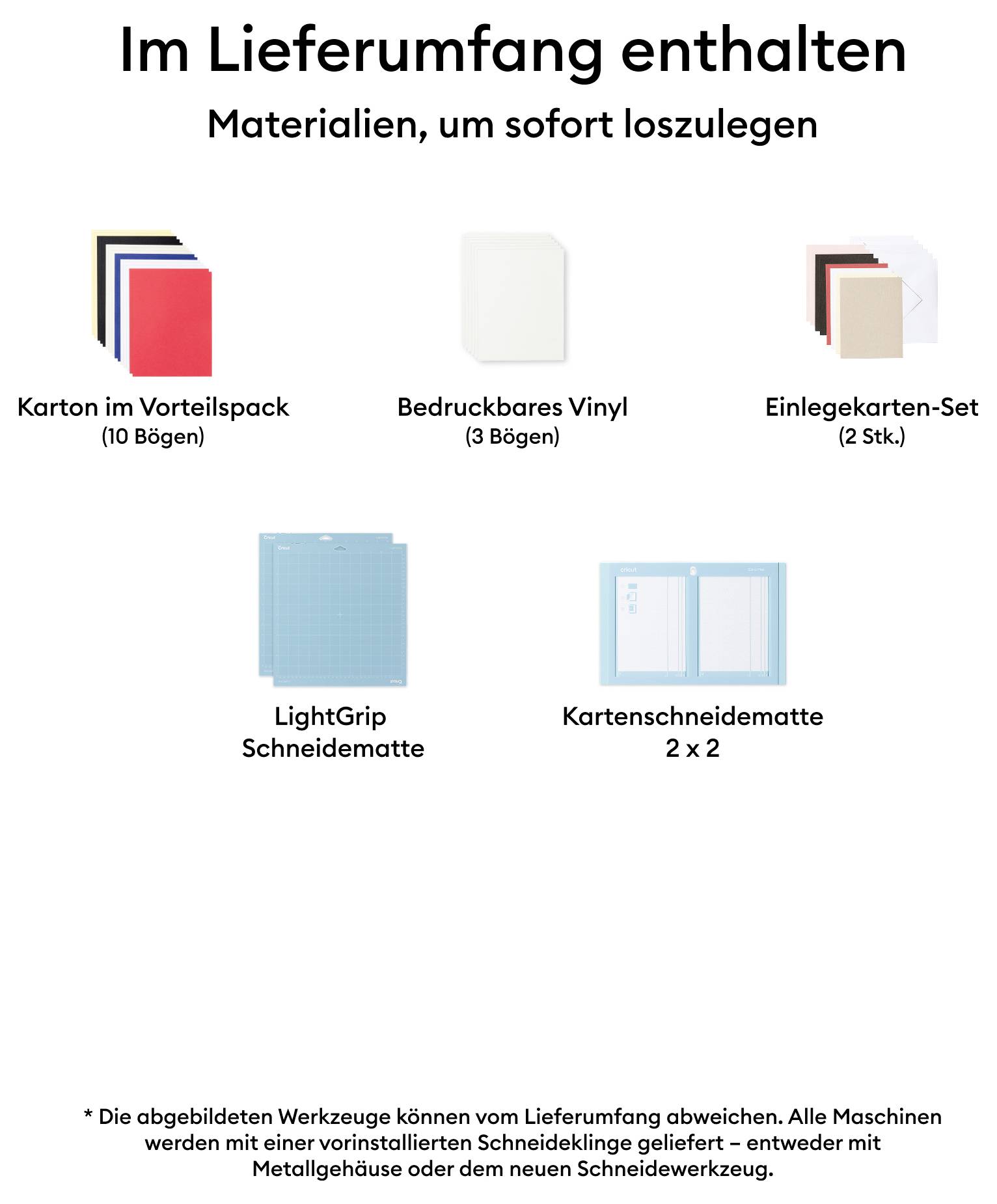 Im Lieferumfang enthalten sind Karton im Vorteilspack, bedruckbares Vinyl, Einlegekarten-Set, LightGrip Schneidematte, und Kartenschneidematte 2x2.