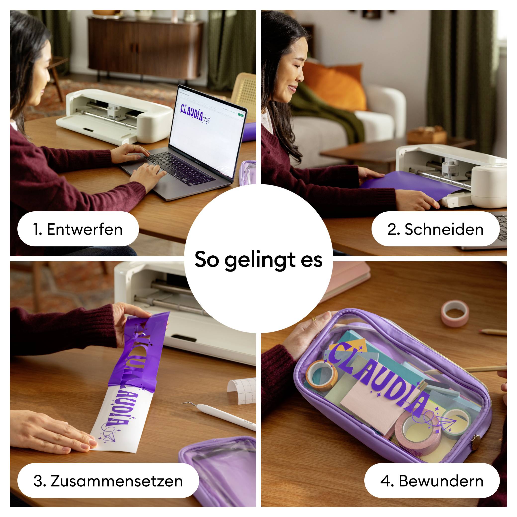 Frau gestaltet Namen auf Laptop, schneidet Buchstaben aus, setzt sie zusammen und bewundert personalisierte Hülle. Schritte 1-4.