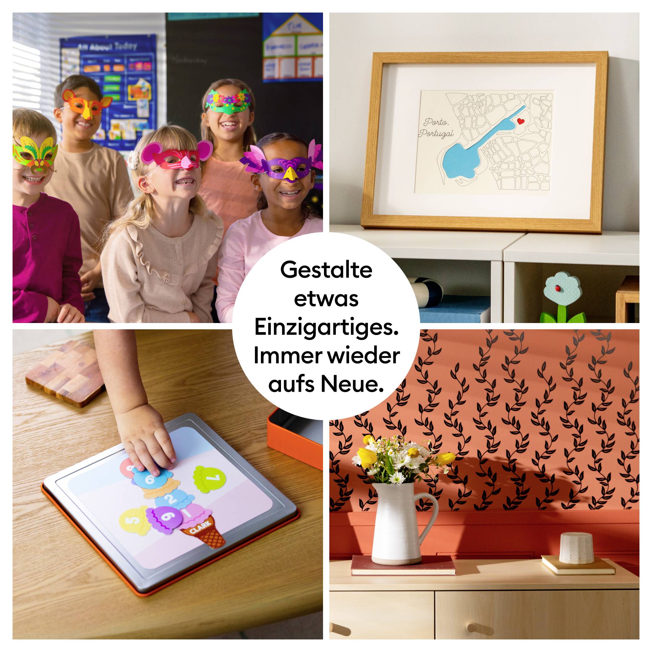 'Gestalte etwas Einzigartiges. Immer wieder aufs Neue.' Bildcollage mit Kindern im Unterricht, technologischem Gerät und dekorativem Poster.