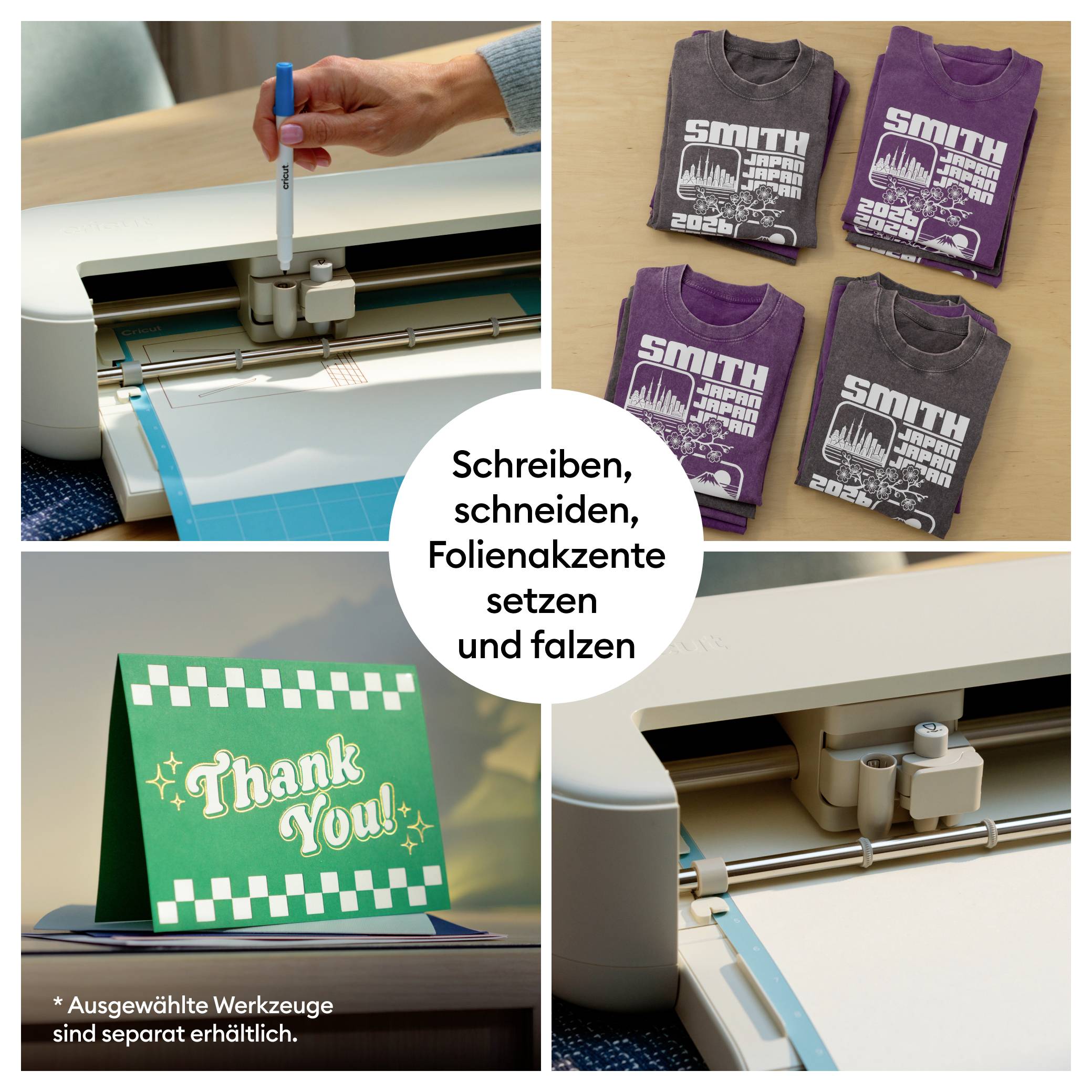 'Schreiben, schneiden, Folienakzente setzen und falzen' - Collage mit Drucker, T-Shirts mit Aufdruck und Karte mit 'Thank You!'.