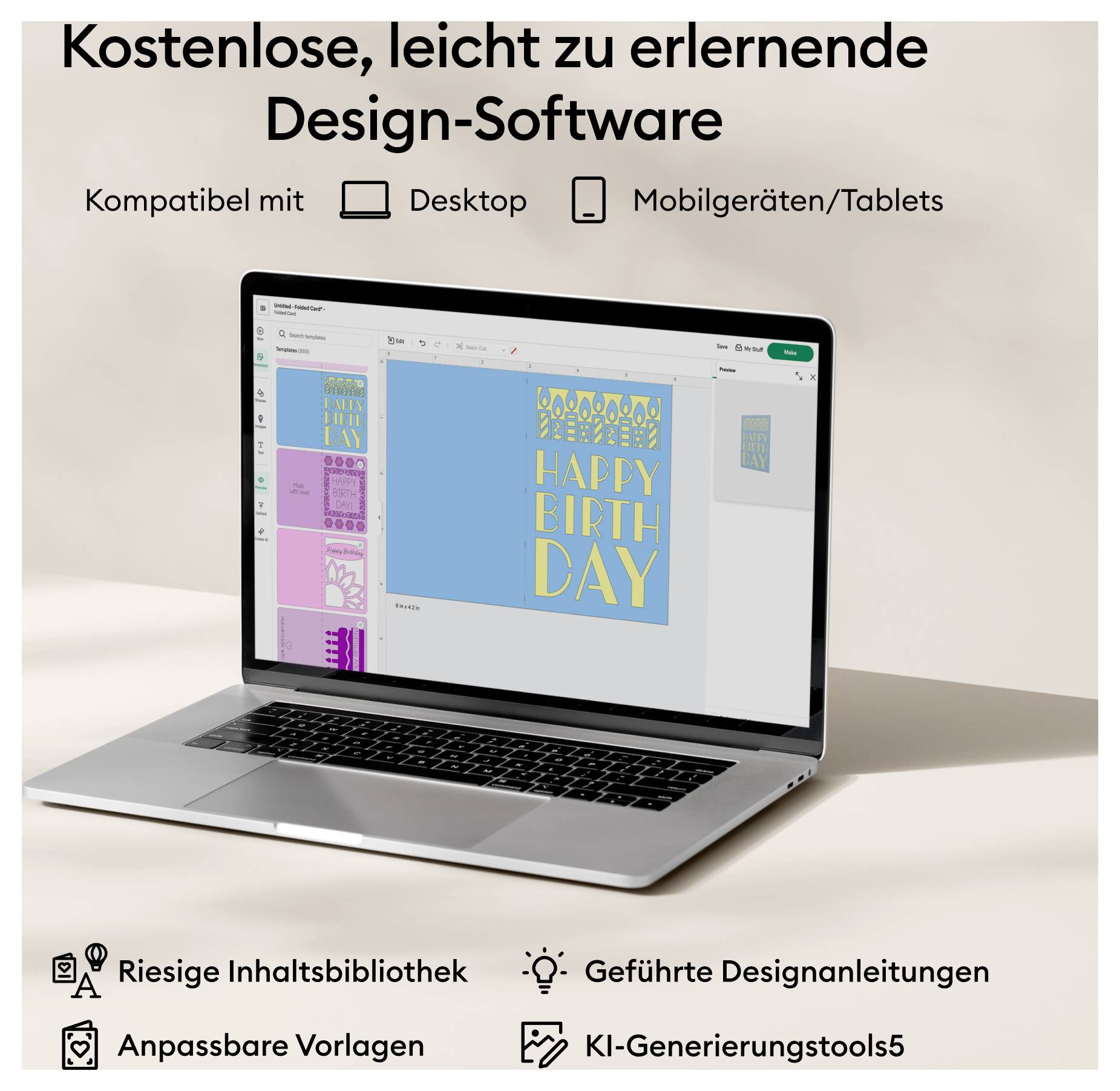 Ein Laptop zeigt eine Design-Software mit einer Karte 'Happy Birthday'. Text: 'Kostenlose, leicht zu erlernende Design-Software'. Symbolen: Desktop, Mobile.
