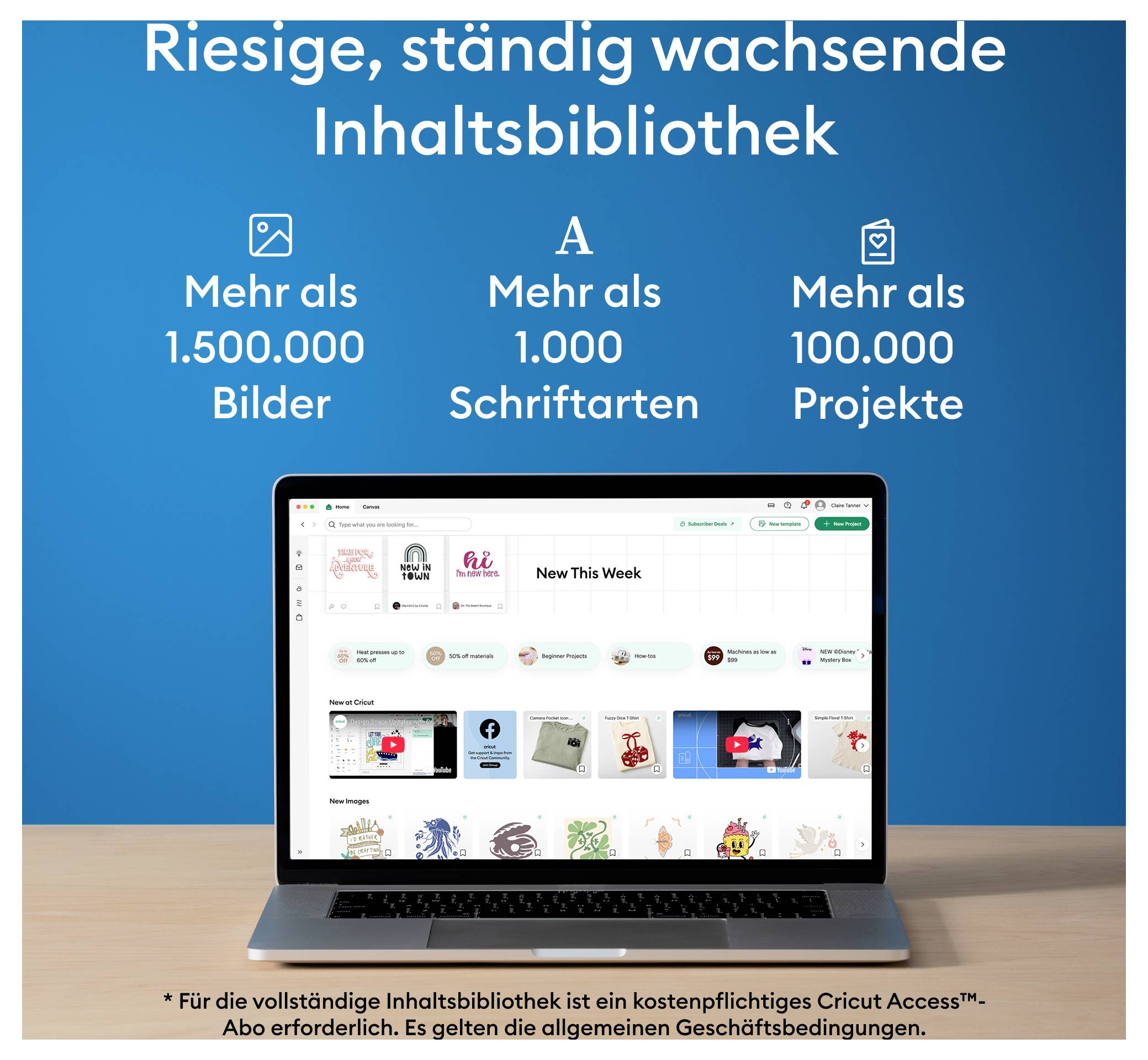 Laptop auf Tisch zeigt 'Cricut' Website. Text oben beschreibt eine große, wachsende Bibliothek mit über 1.500.000 Bildern, 1.000 Schriftarten und 100.000 Projekten.