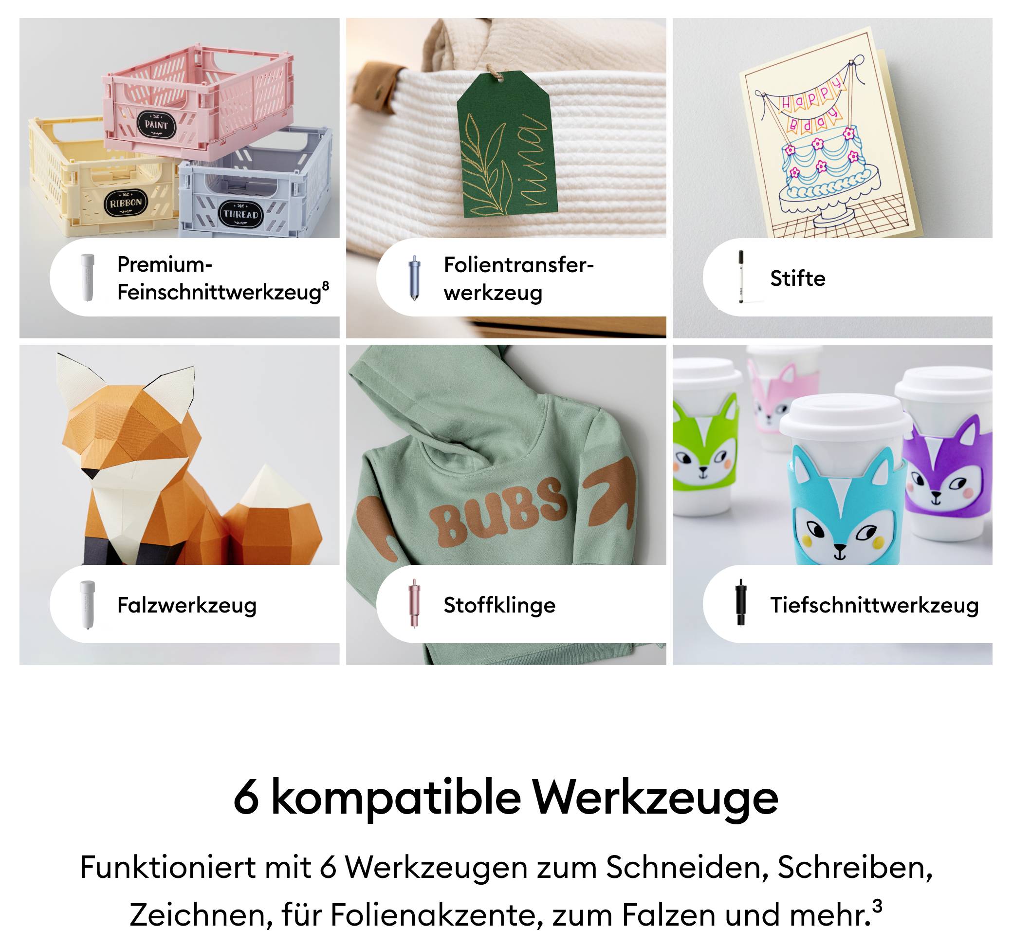 Sechs Werkzeuge: Feinschnittwerkzeug, Folientransfer, Stifte, Falzwerkzeug, Stoffklinge, Tiefschnittwerkzeug. Zum Schneiden, Zeichnen, Falten.