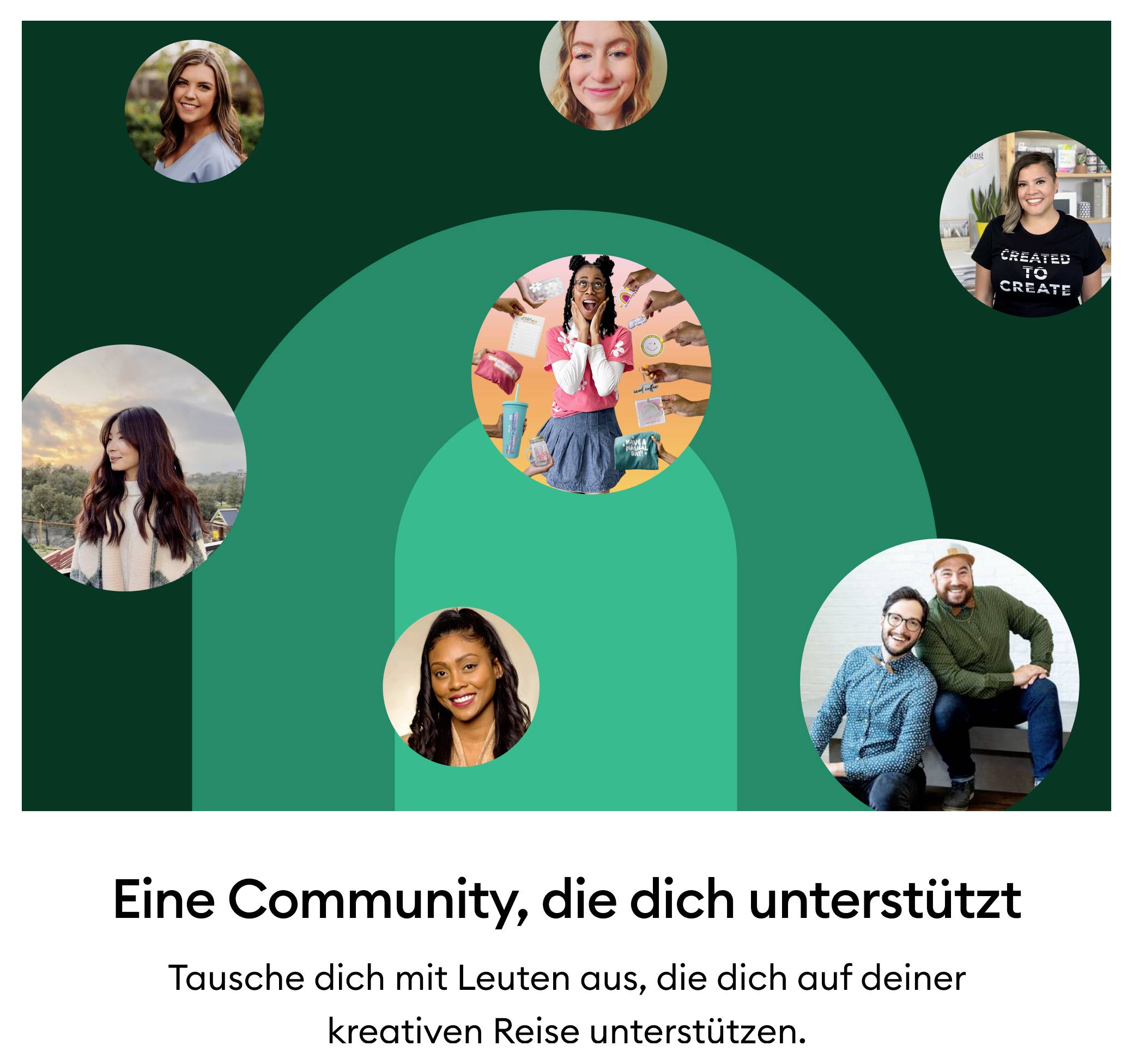 Sechs Menschen kreisen um eine zentrale Person. Text darunter: 'Eine Community, die dich unterstützt.' Verschiedene Hintergründe.