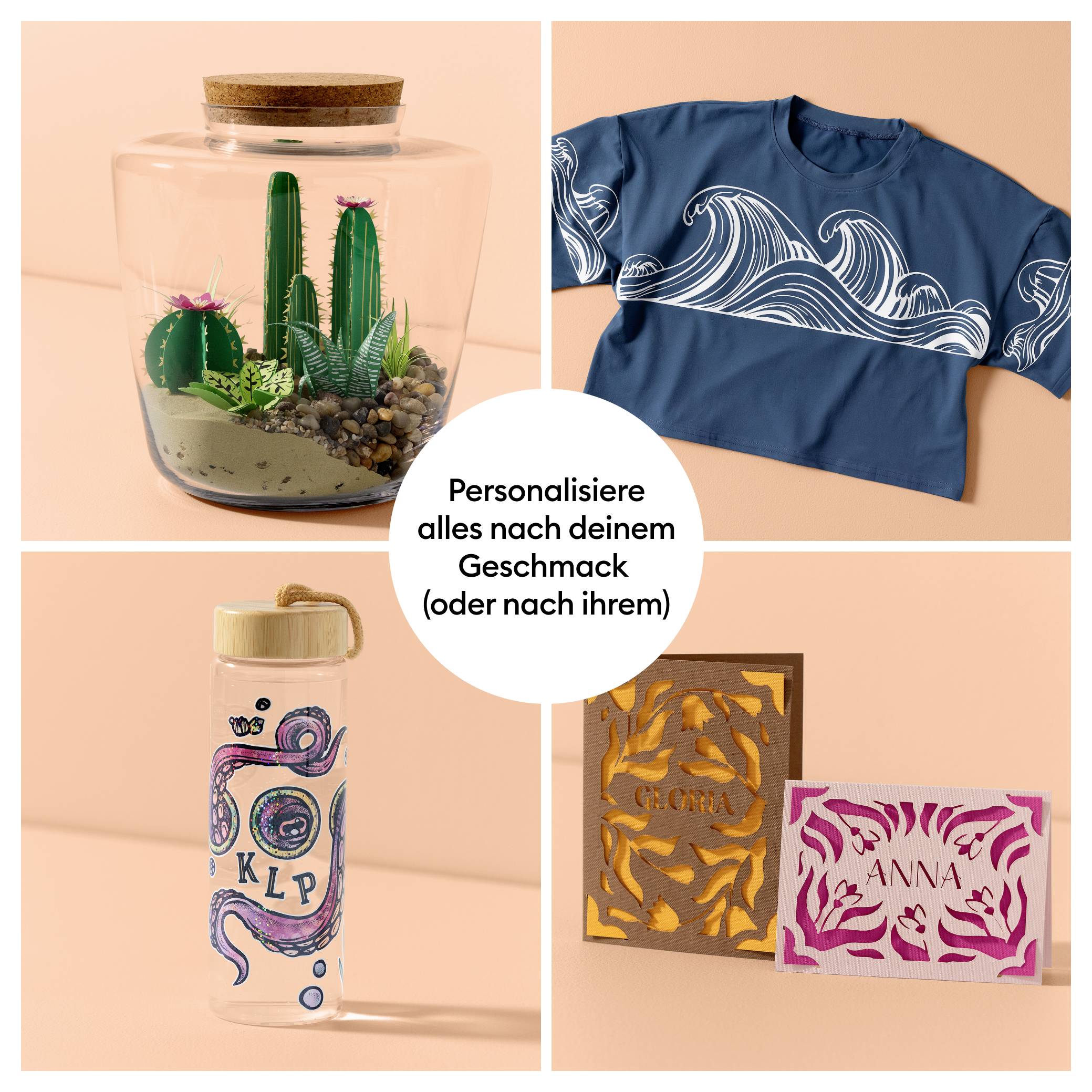 Personalisierte Geschenke: Glas mit Kakteen, blaue Tasse, Trinkflasche mit Initialen 'KLP', Karte 'ANNA'.