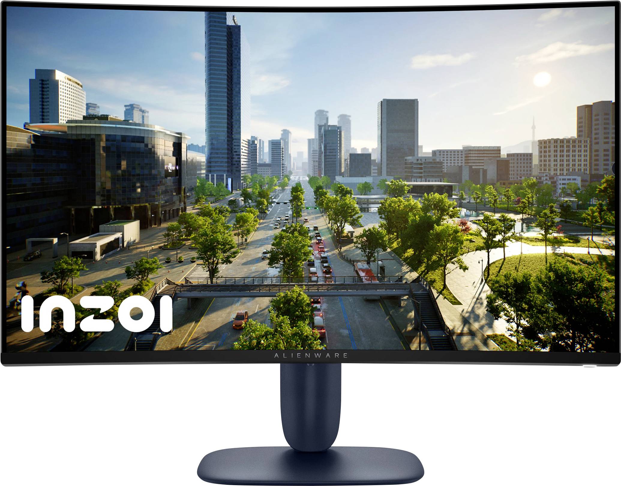 Ein gekrümmter Gaming-Monitor zeigt eine Stadtlandschaft mit Wolkenkratzern, Straßen und Bäumen unter einem klaren Himmel und erzeugt dabei einen immersiven visuellen Effekt.
