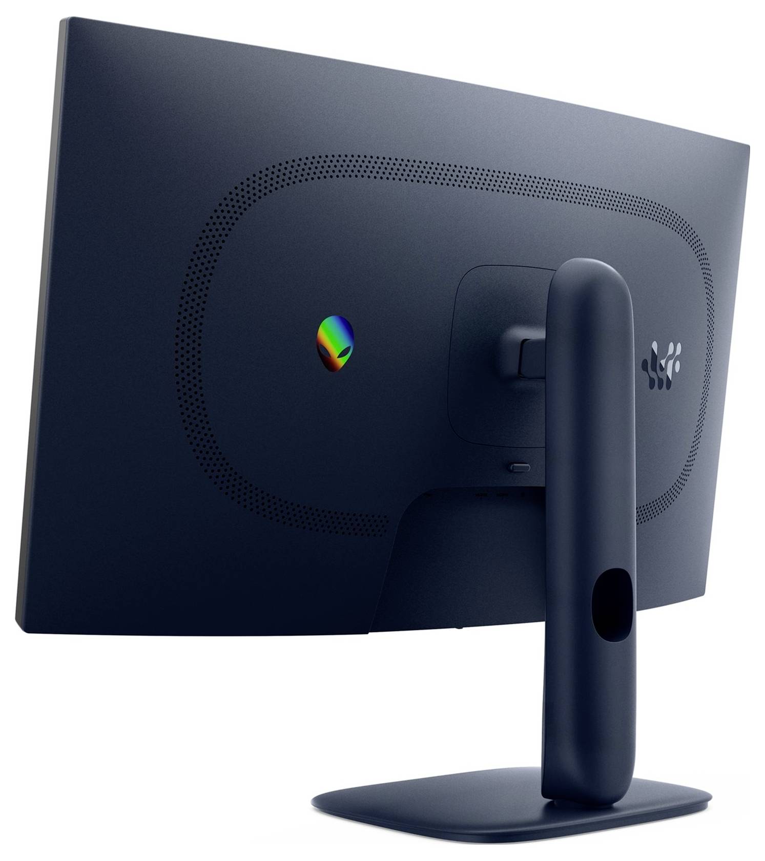 Das Bild zeigt die Rückansicht eines schlanken, modernen Computermonitors mit Ständer. Der Monitor ist schwarz mit einem Logo, das an ein Blatt erinnert.