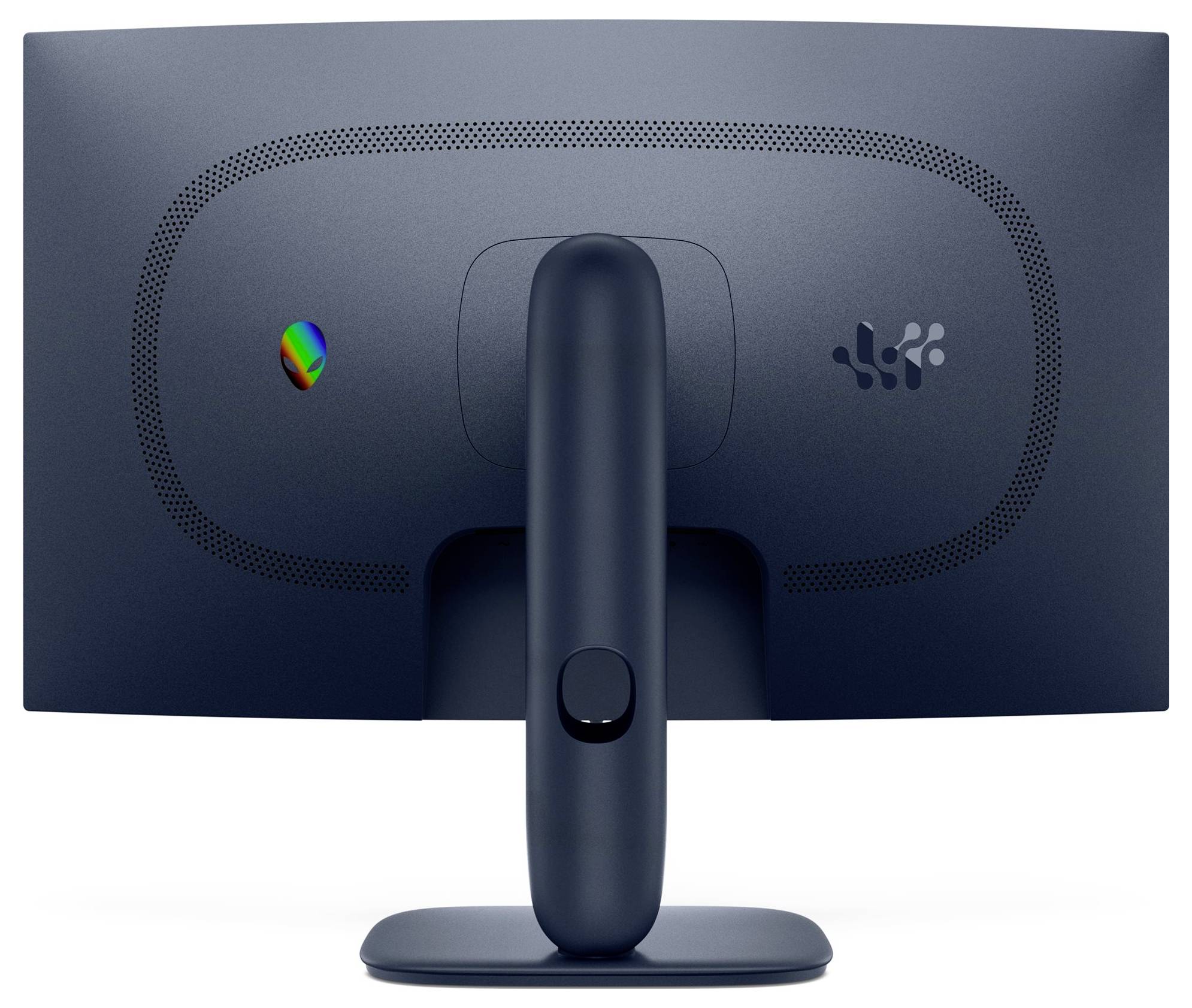 Seitenansicht eines eleganten, dünnen Computermonitors mit minimalem weißem Ständer. Der Bildschirm ist leicht gewölbt und unterstreicht sein modernes Design.