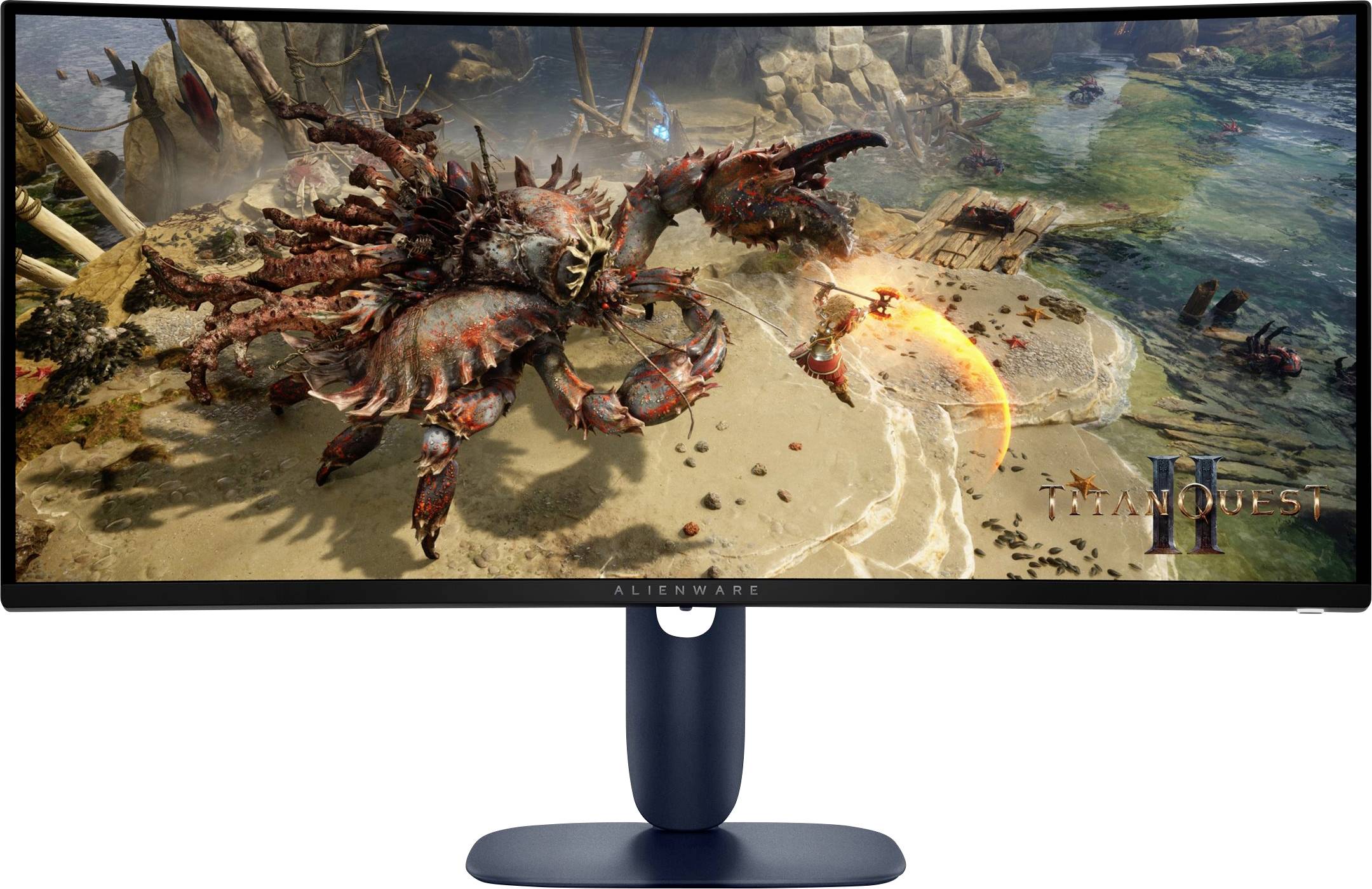 Alienware-Monitor zeigt das Spiel 'Warhammer 40.000: Space Marine II' mit einer detaillierten Kampfszene mit großen Kreaturen an einem Strand.