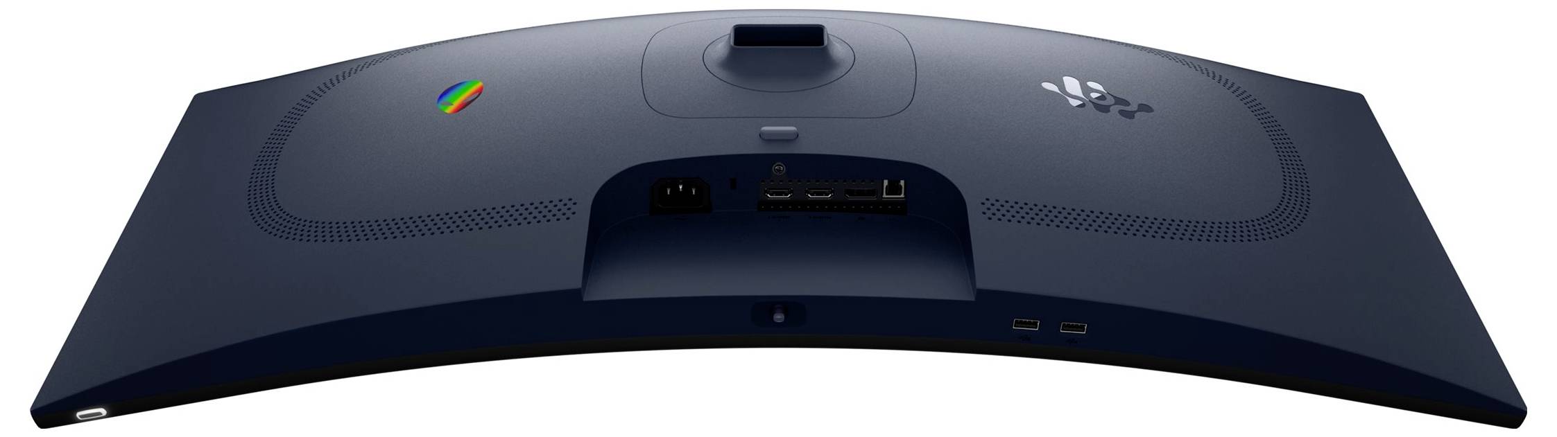 Ein gekrümmter blauer Computer-Monitor von hinten betrachtet, mit einem mehrfarbigen Logo und mehreren Anschlüssen für die Konnektivität.