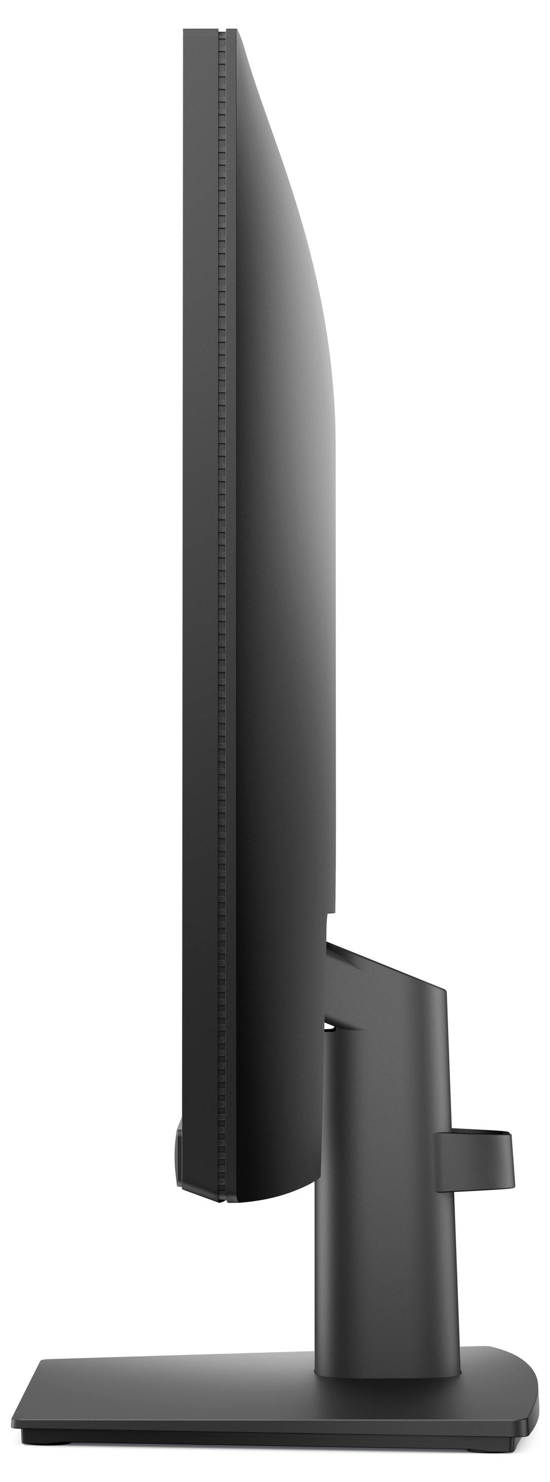 Eine Seitenansicht eines dünnen, schwarzen Computermonitors auf einem Ständer, die sein schlankes und modernes Design hervorhebt.