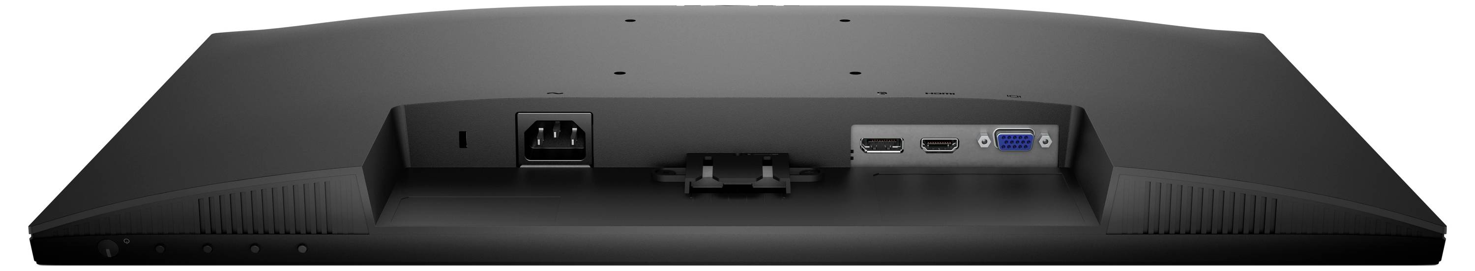 Rückansicht eines Computermonitors mit Anschlüssen für Stromversorgung, VGA, USB und HDMI-Verbindungen.