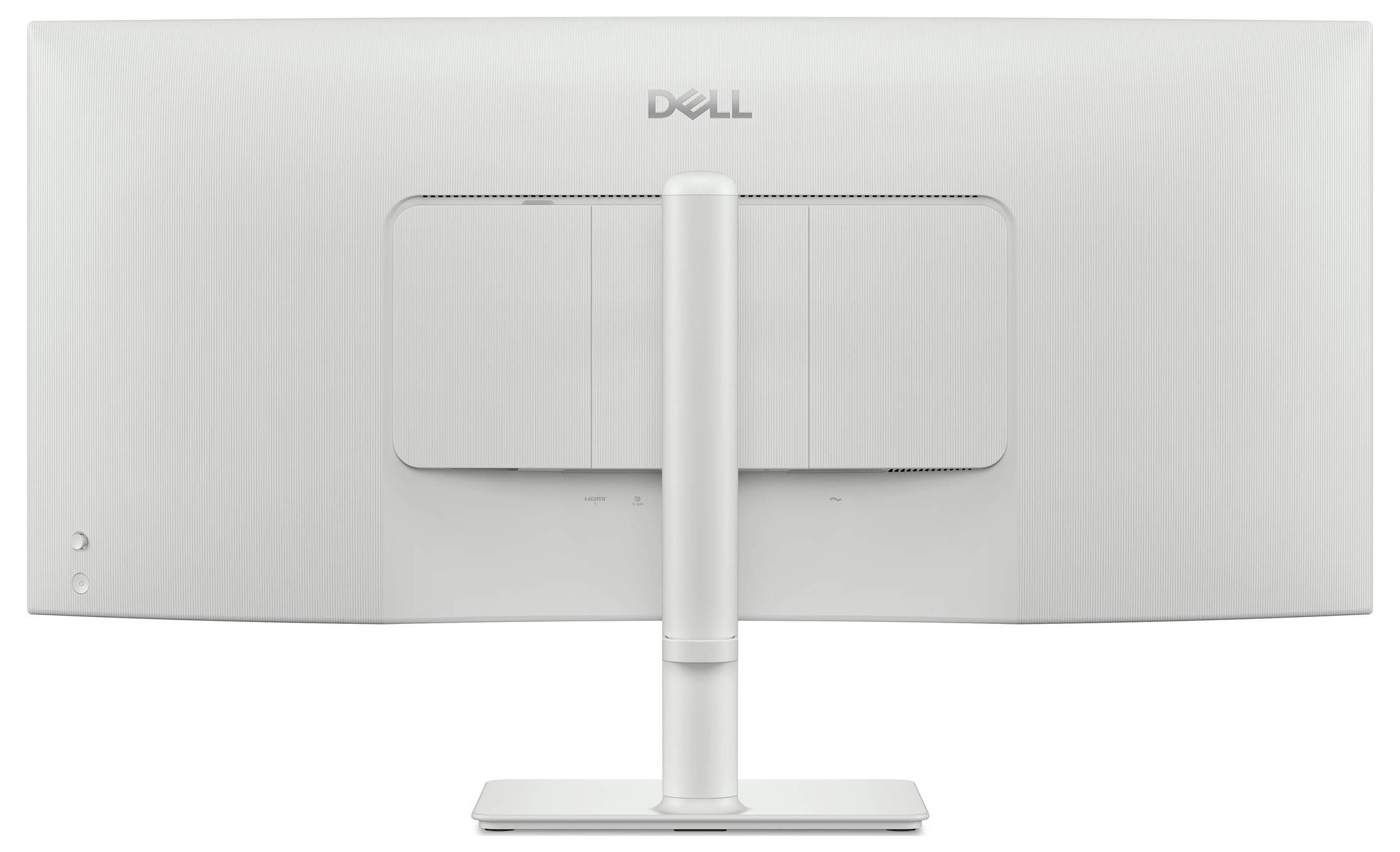 Ein weißer Dell-Monitor von hinten betrachtet, der einen zentralen Ständer und minimalistisches Design zeigt.