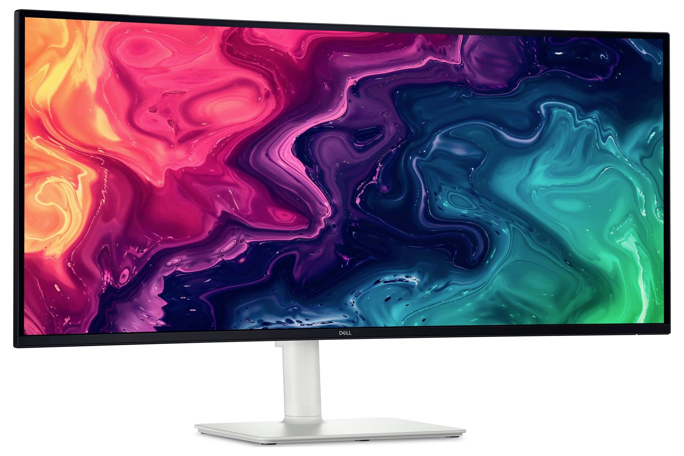 Ein Breitbildcomputermonitor zeigt ein farbenfrohes, abstraktes Wirbelmuster in Rot-, Rosa-, Violett-, Blau- und Grüntönen an.
